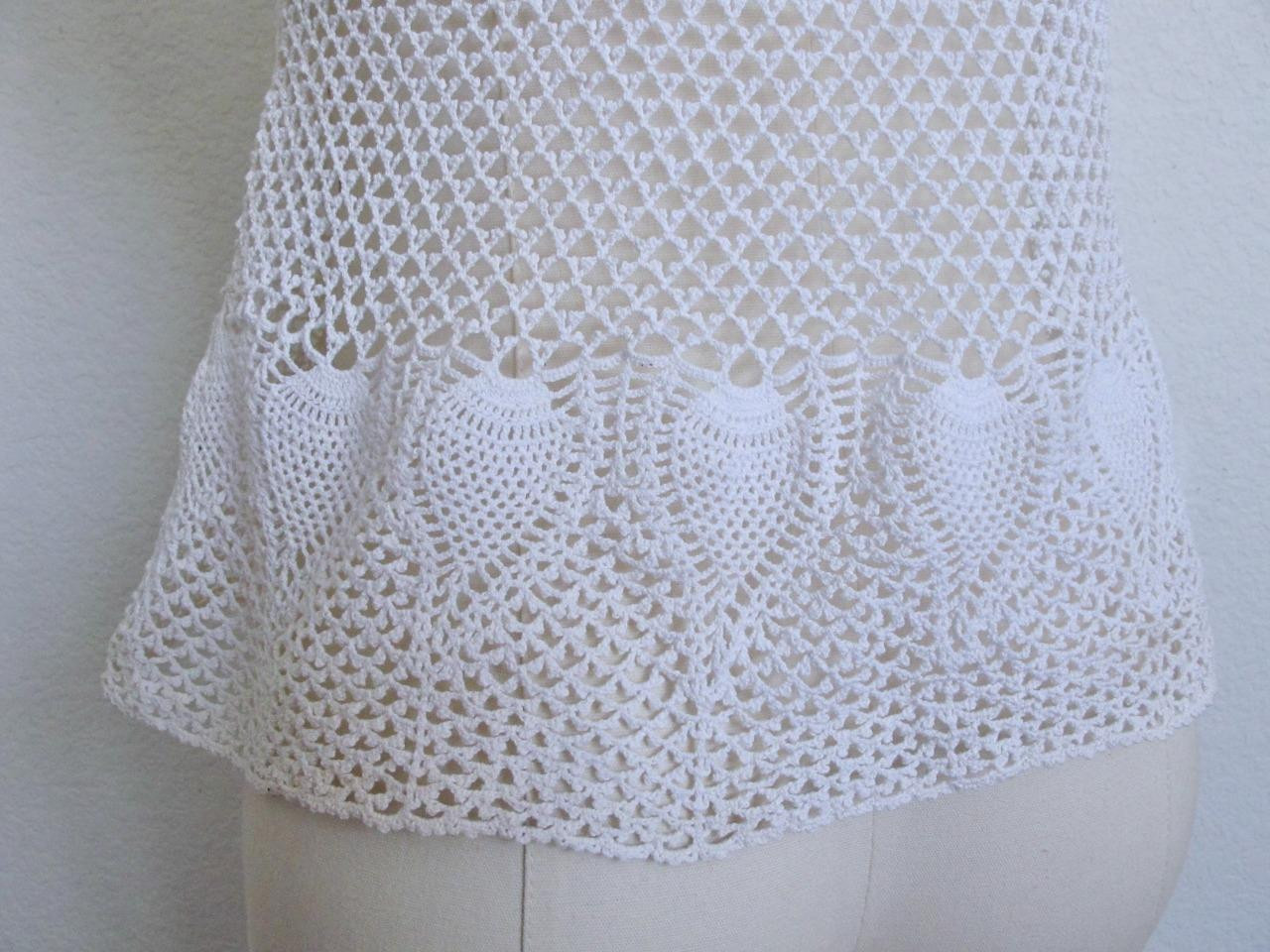 Vintage Hand Crocheted Button Down Cardigan Top S Cotton Openwork Lace Pineapple