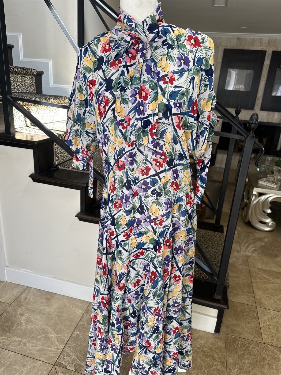 Norma Kamali 80s Floral Print Rayon High Low Long Dress Pussy Bow Keyhole Neck S