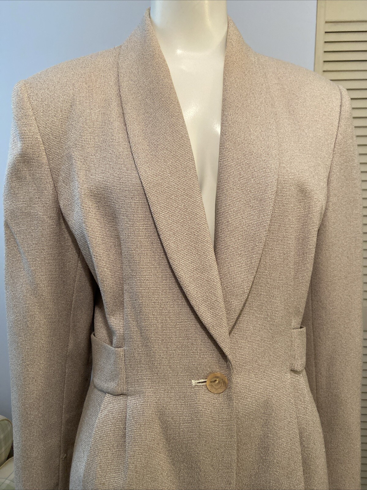 Vintage Larry Levine Beige Chic Jacket 1 Button Pleats Pockets Belt Detail Sz 10