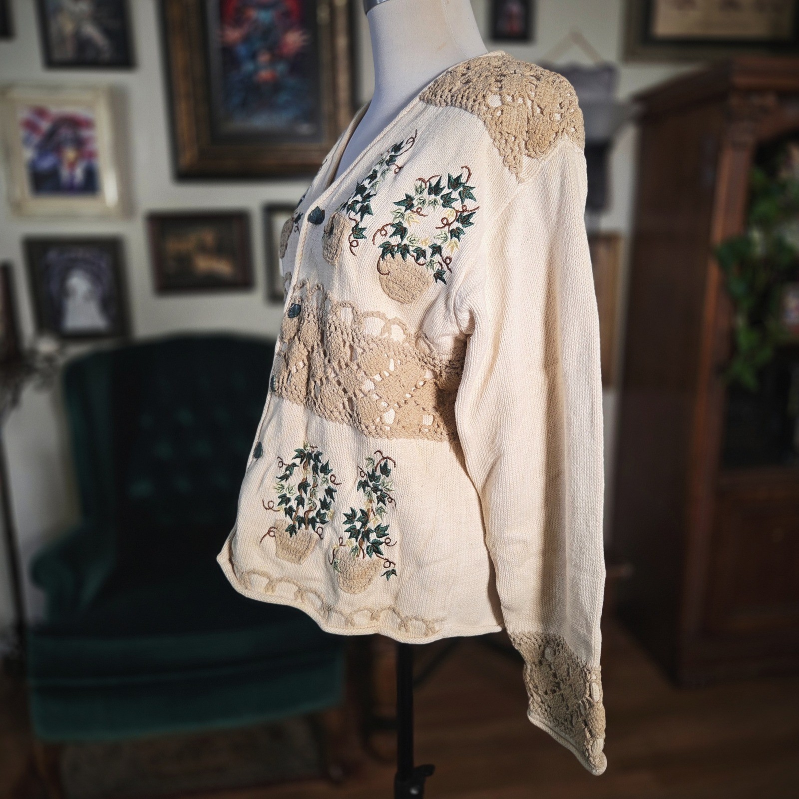 Vintage 90s BellePointe Embroidered Garden Crochet Cardigan Knit Plant Sweater
