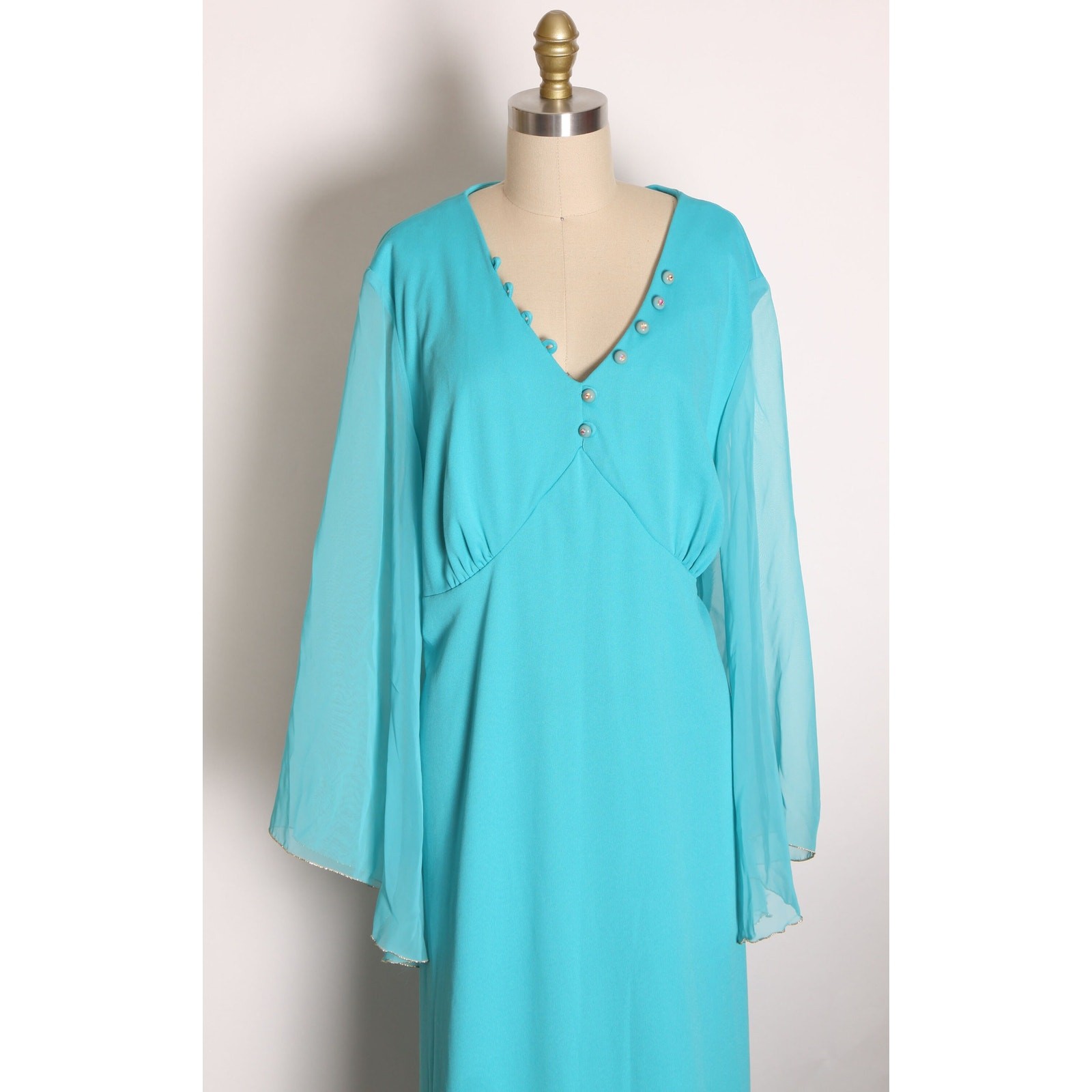 1970s Turquoise Blue Gold Angel Wing Sleeve Formal Plus Size Dress by Lily Lynn