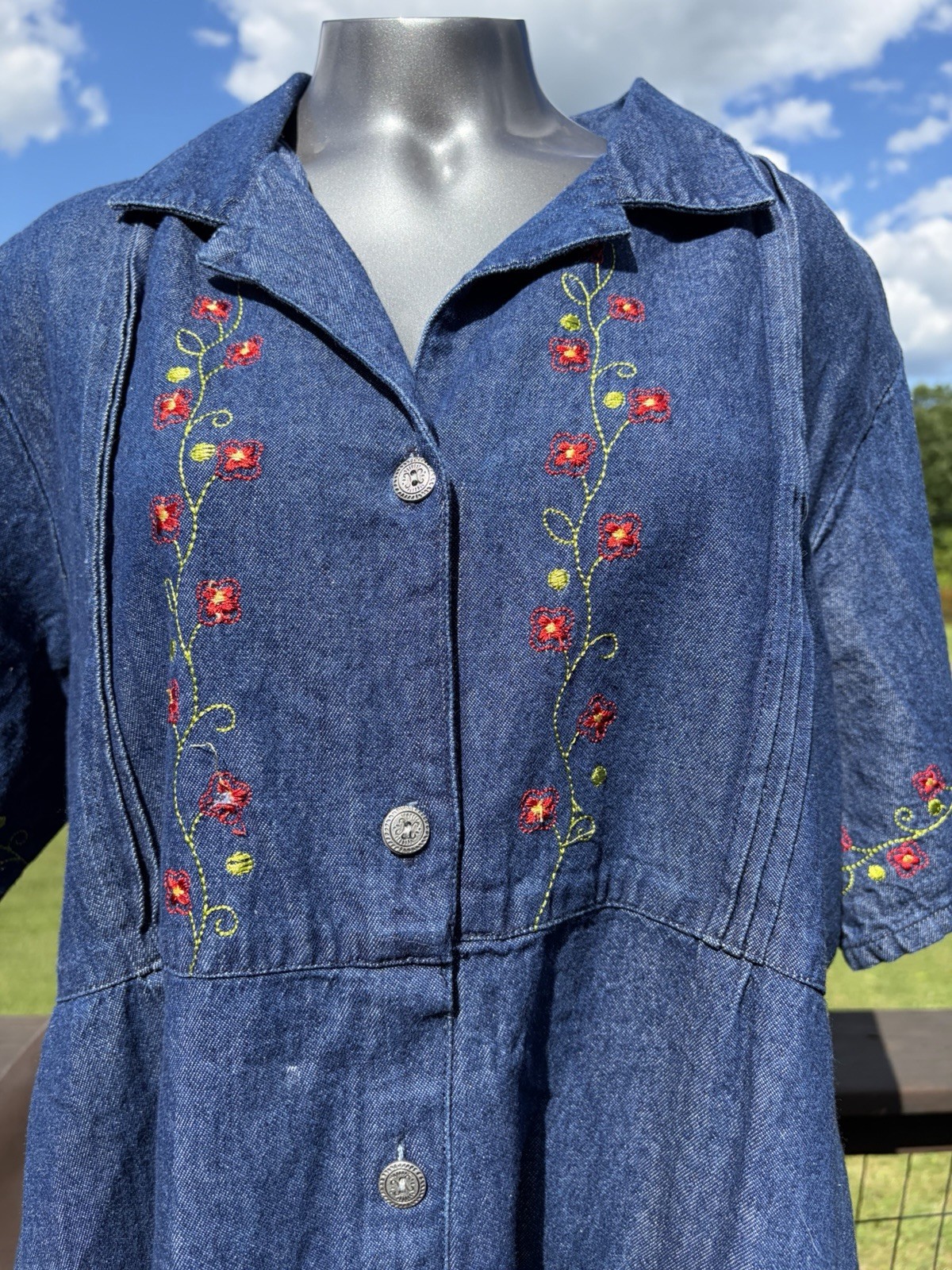 ANNA MAXWELL VINTAGE DENIM SHIRT DRESS SZ 1X EMBROIDERED BOHO MIDI JEAN DRESS