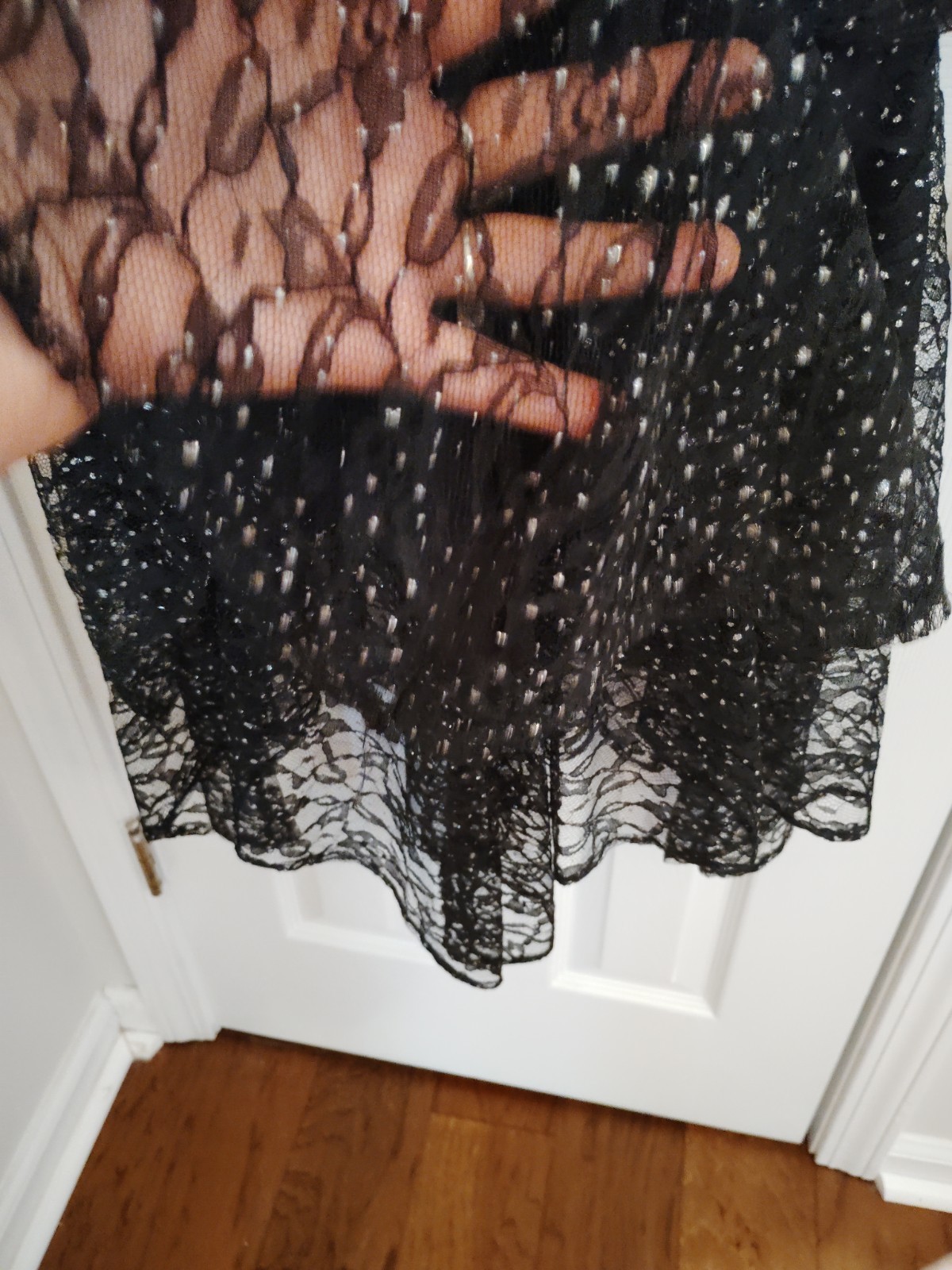1980 PUNK GOTH FAIRY prom dress black silver lace layers handkerchief 8/10 USA