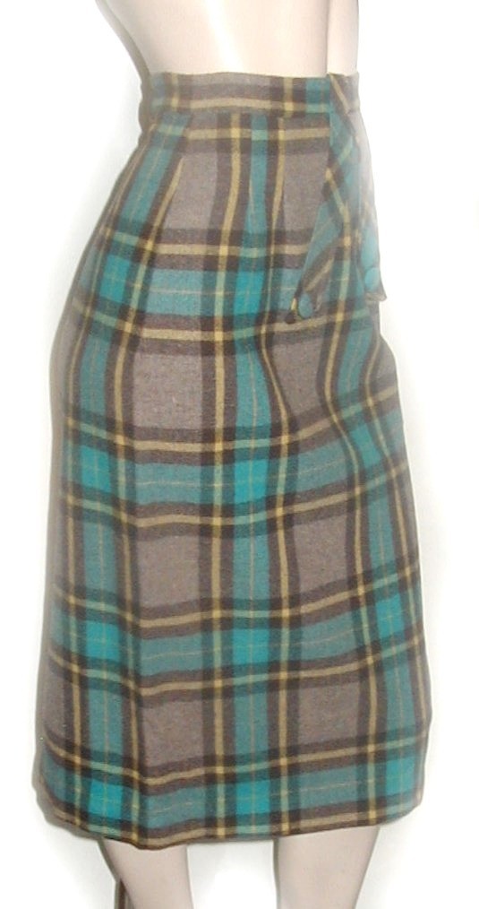 Preppy PLAID WOOL PENCIL SKIRT Teal cocoa golden 24W Vintage 1950s Wiggle TAB