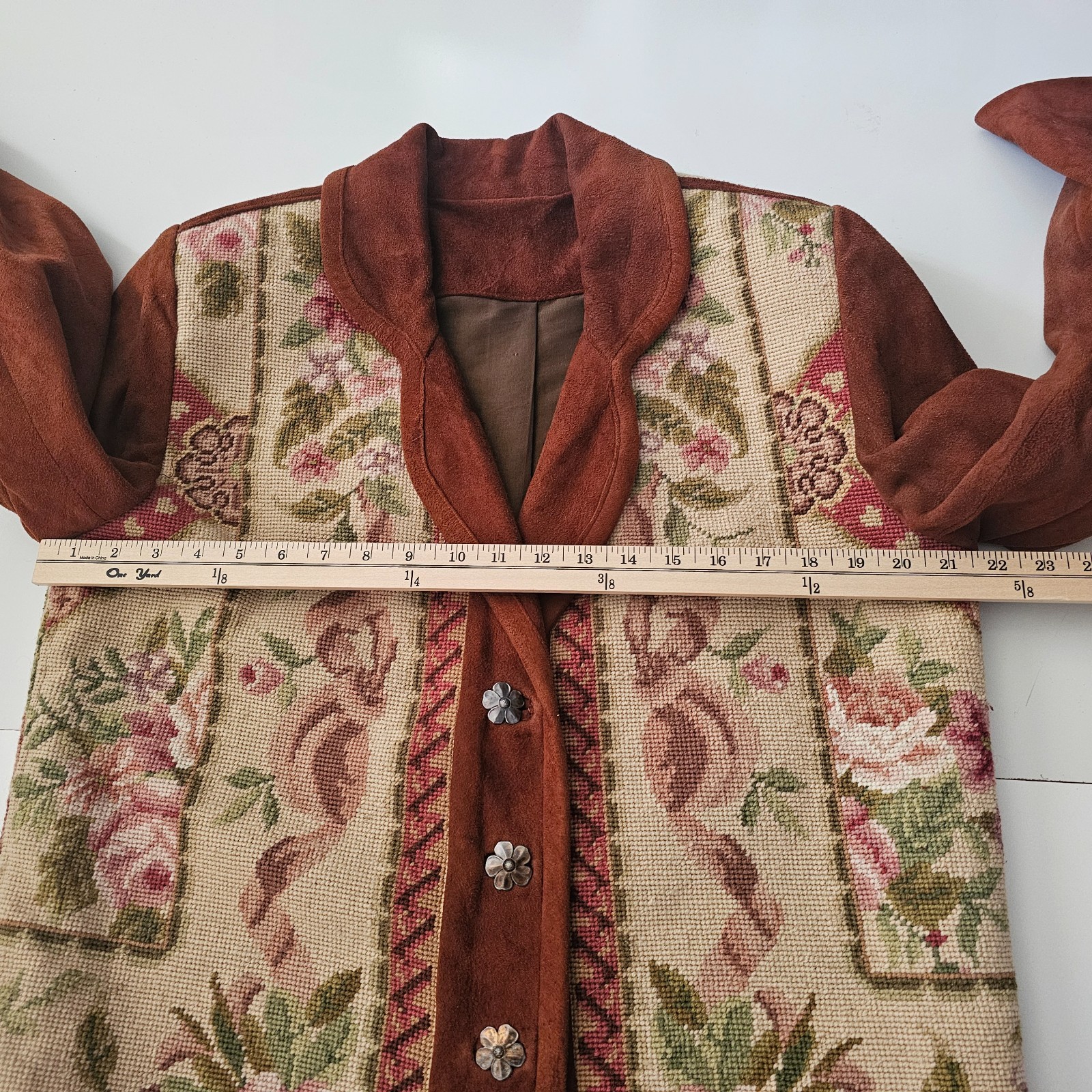 Vtg. BOUCHER Santa Fe Womens Suede Jacket Wool Floral Needle point Tapestry .925