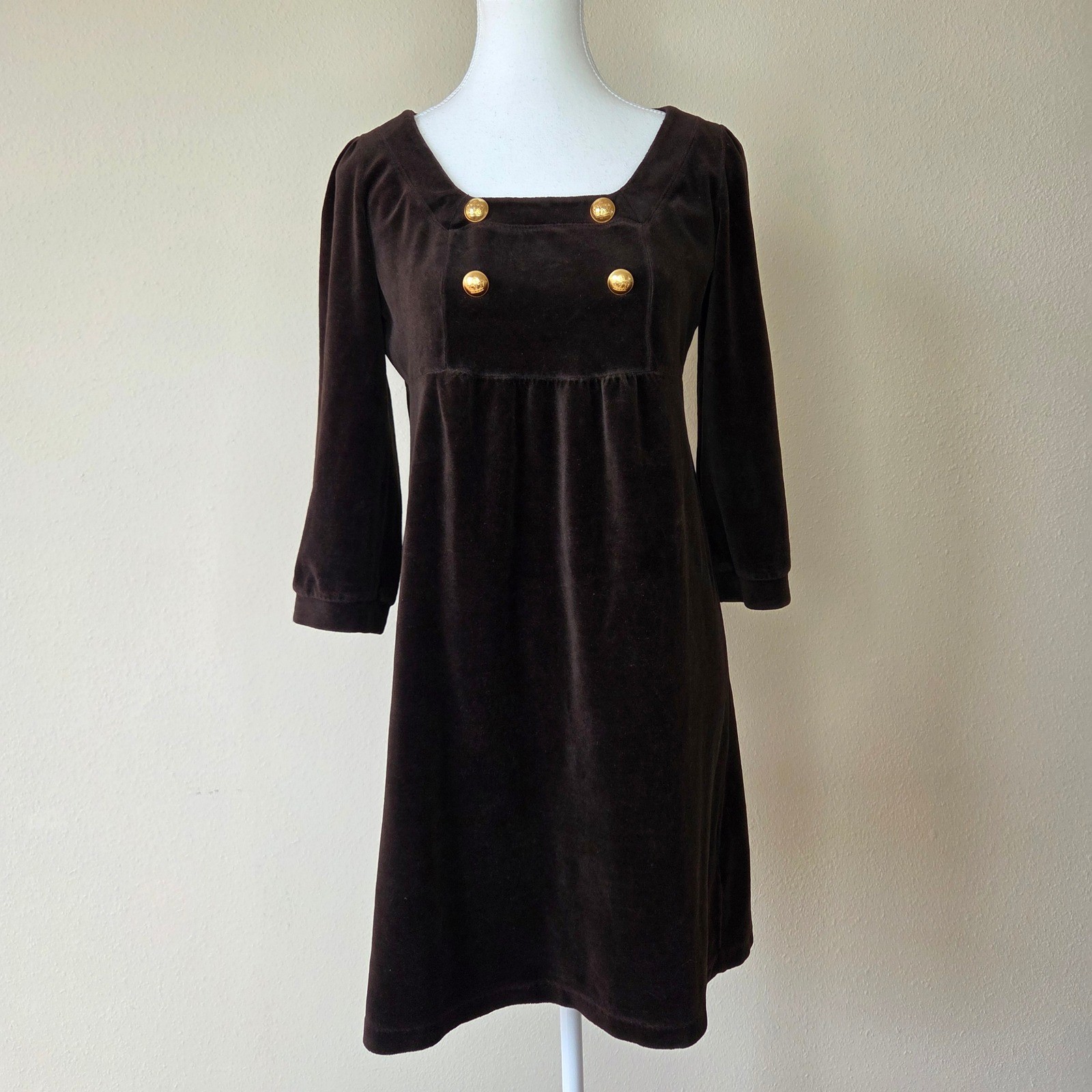 Juicy Couture Vintage Y2K Velour Babydoll Dress Brown Gold Crest Button Small