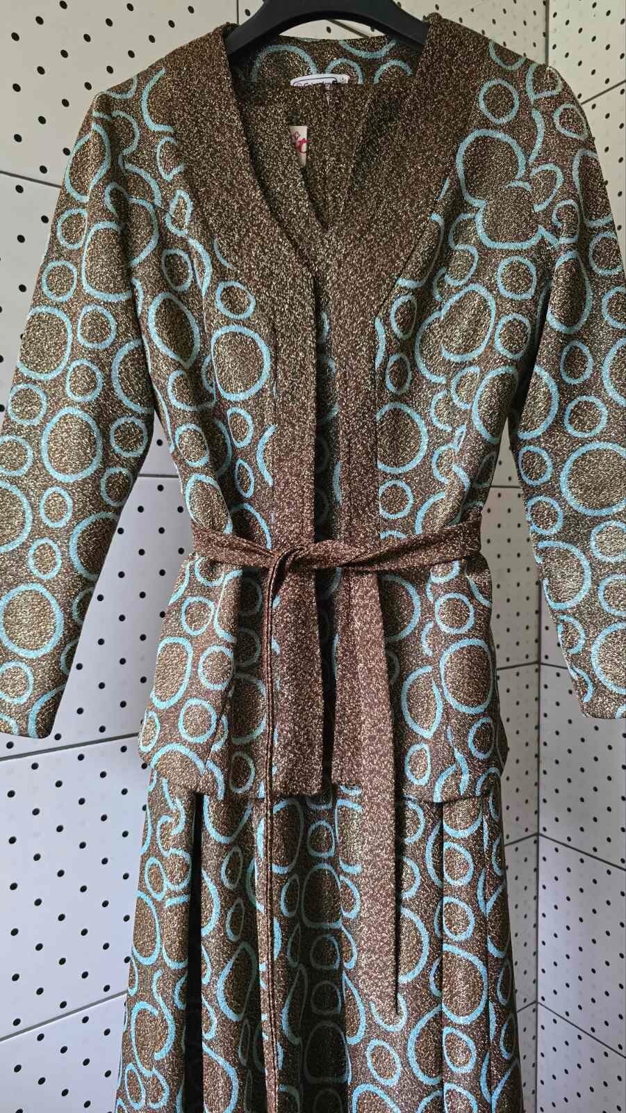Vintage 70s HEATHNIT Jersey Wear Evening Crimplene Set Maxi Dress Blazer Size 40