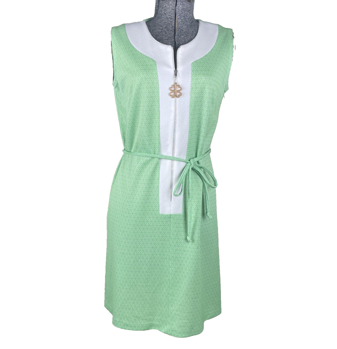 Vintage 70s Mod Shift Dress Size Small Green Geometric Print Belted Half Zip