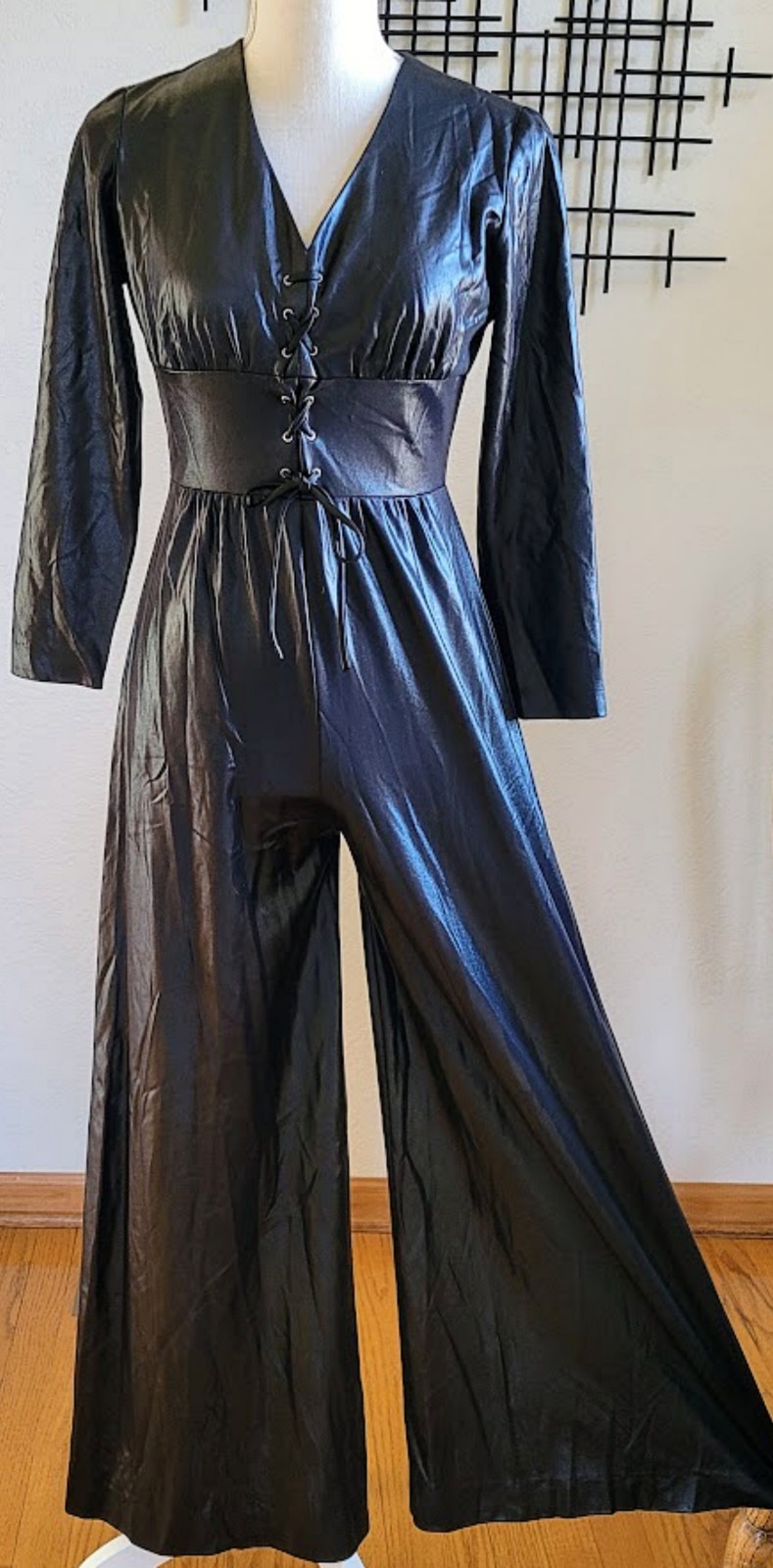Vintage 70’s Catsuit Jumpsuit Playsuit Black Wet Look Liquid Satin Lace Up Disco