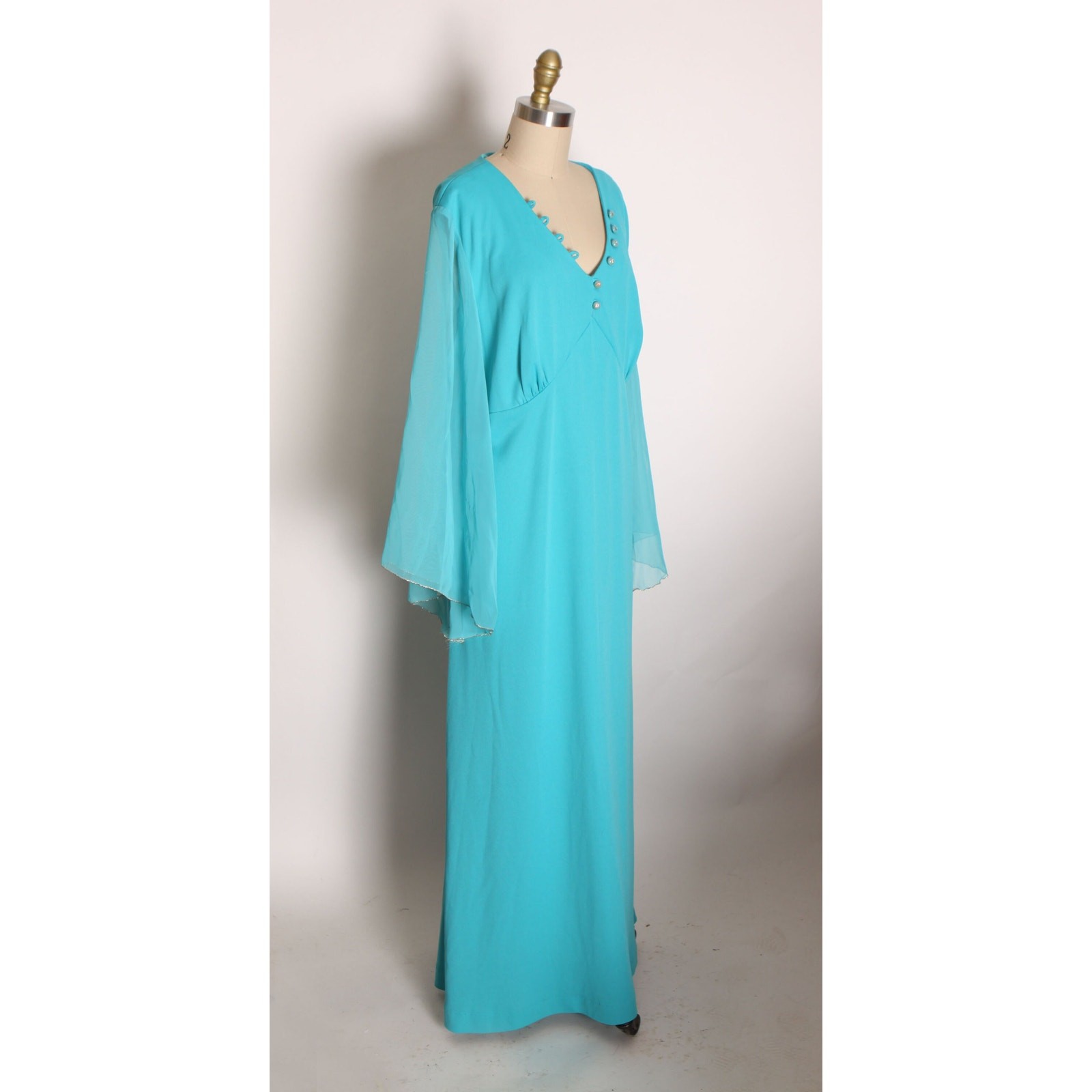 1970s Turquoise Blue Gold Angel Wing Sleeve Formal Plus Size Dress by Lily Lynn