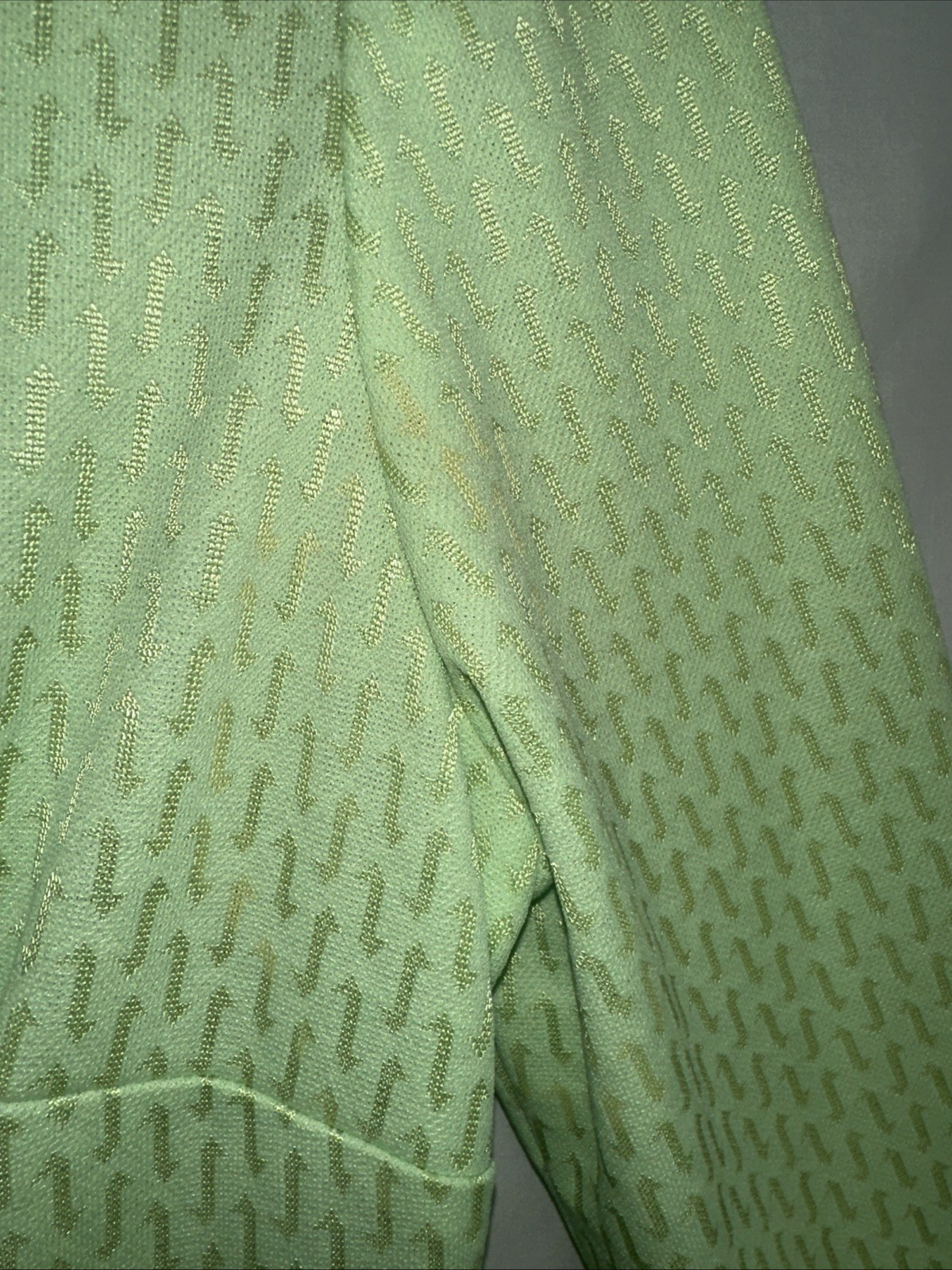 Vtg 60s Maxi Dress Empire Waist Green W/Gold Jacquard Beaded Trim 34″ Bust S 6/8