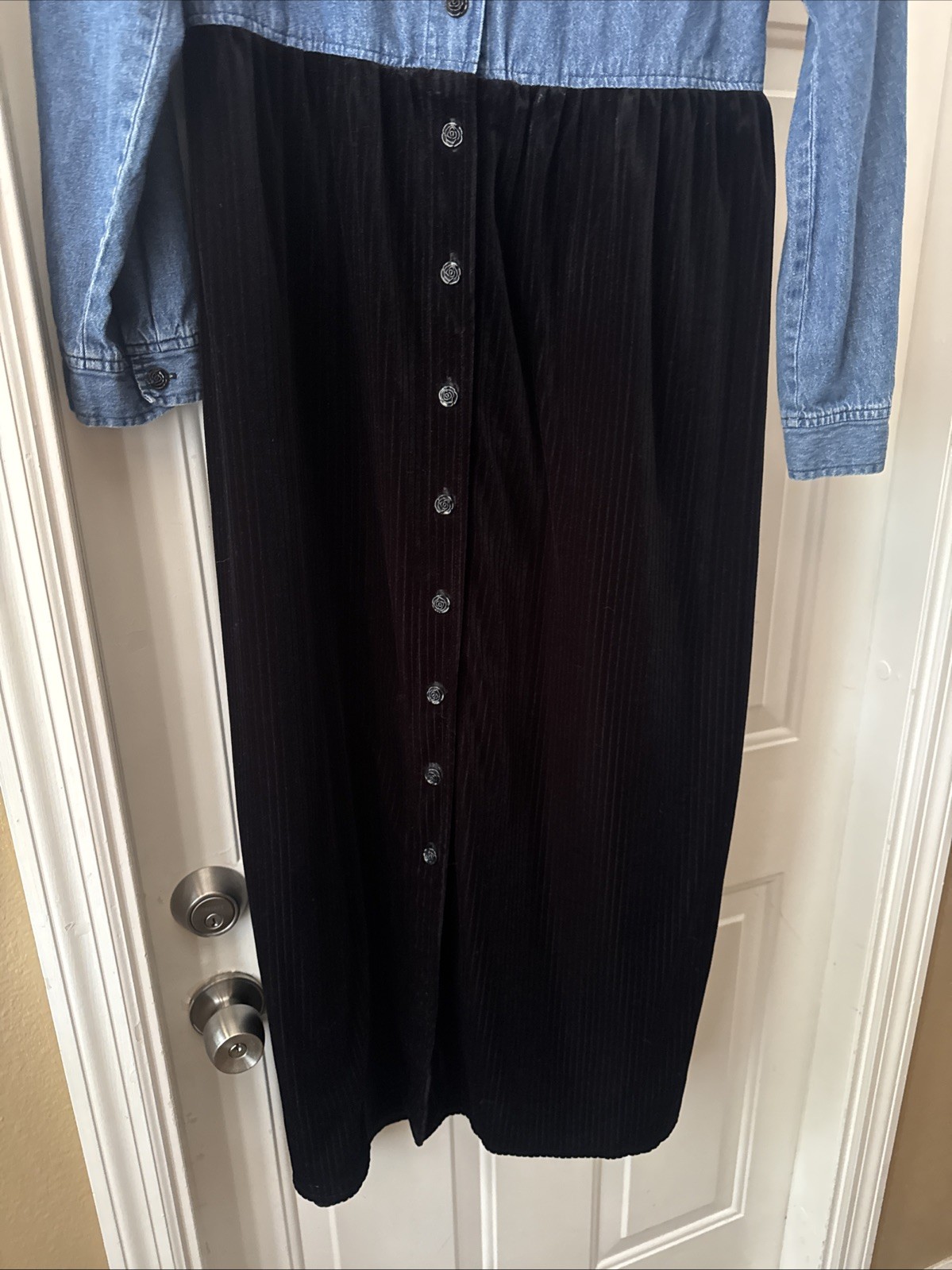 VTG 80’s C Studio Denim & Black Velvet Dress with Lace Collar Size 14