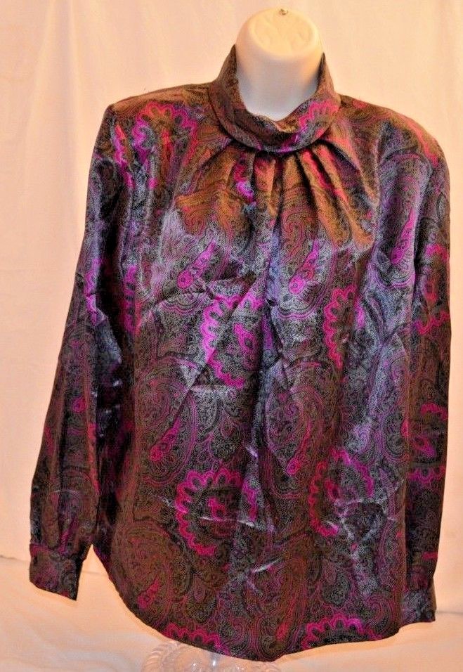 VTG 80’s 90’s Anna Kriste Black Pink Silky Womans Blouse SZ 12 Made in USA EUC