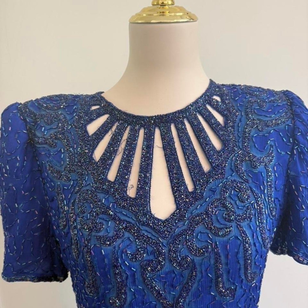 Vintage Lawrence Kagan 100% Silk Royal Blue Beaded Cutout Dress — Size L