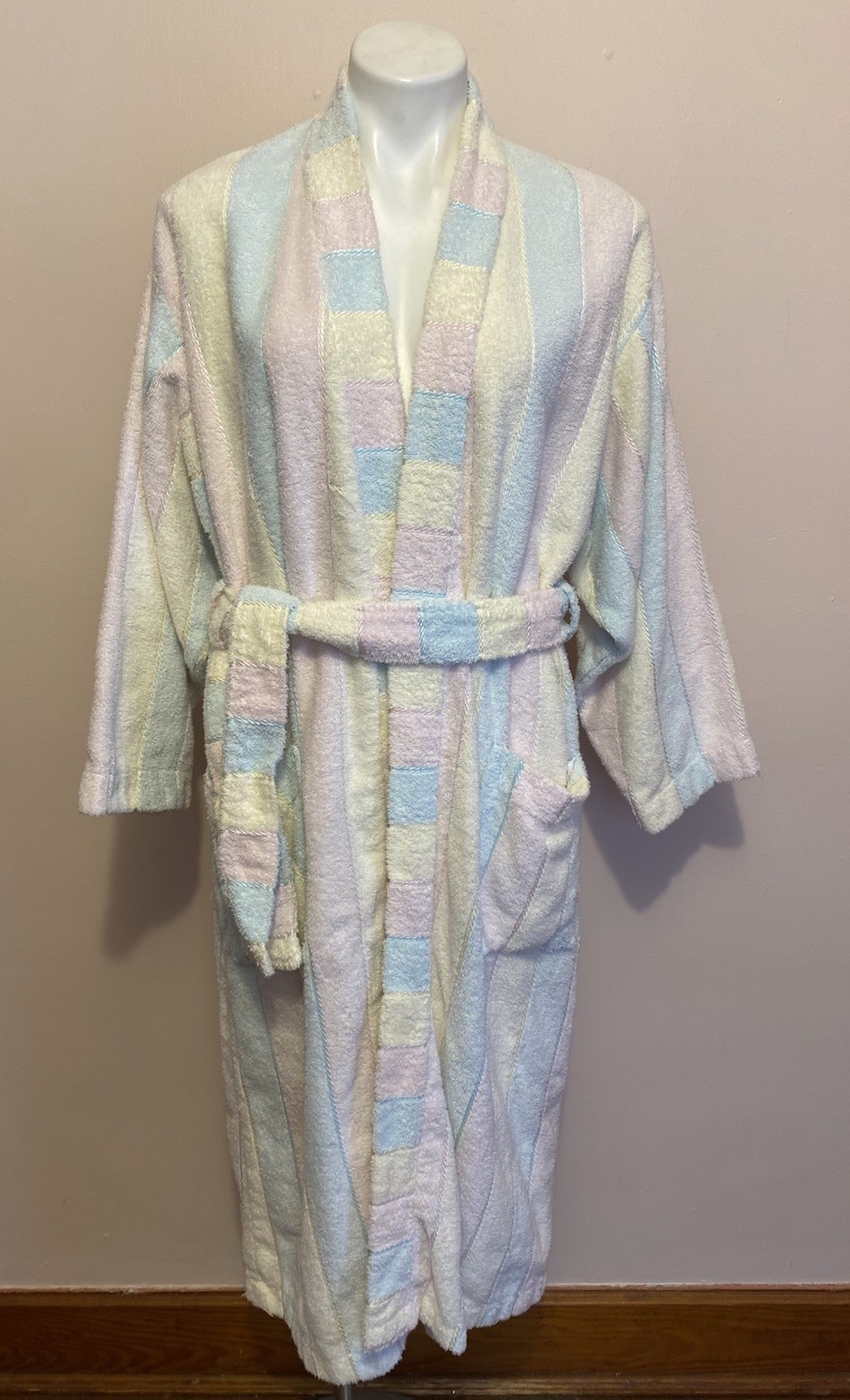 Cypress Vintage 80s Multicolor Pastel Stripe Terry Long Cotton Robe, One Size