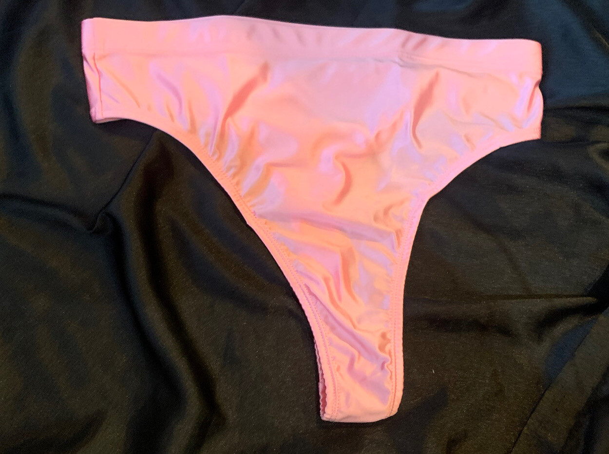 Shiny Wet Look Light Pink Satin Spandex Hi Cut Leg & Waist Thong Panties Sz Med