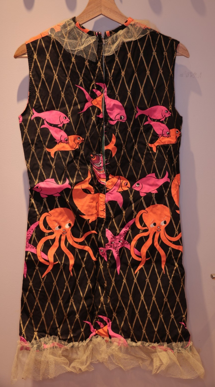 Vintage Sleeveless Dress Fish Octopus Sea Black Gold Pink Orange S/M *** RARE