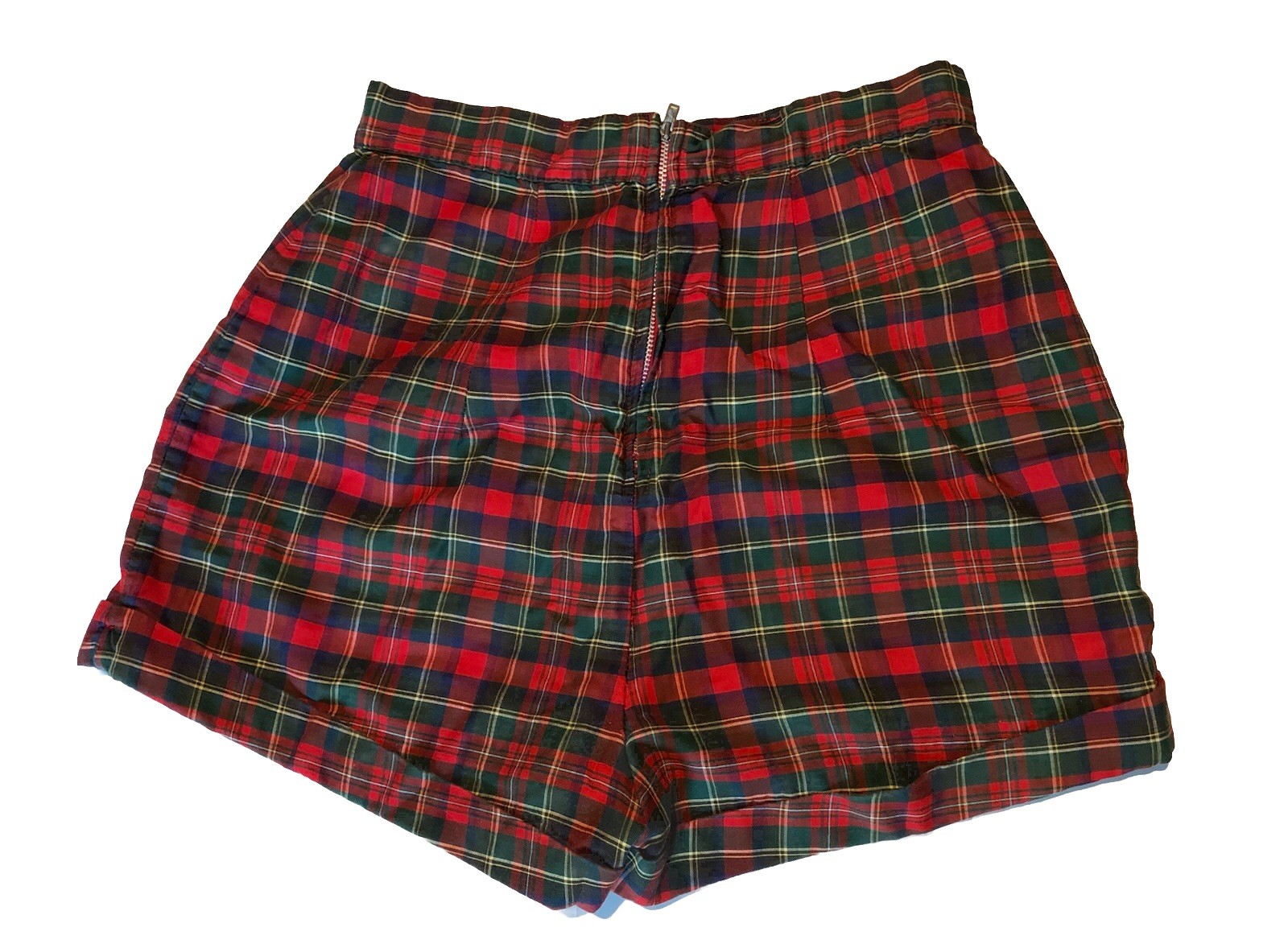 Vintage 1950s Red Plaid High Waist Shorts back Zip Rockabilly Pinup W27 H38