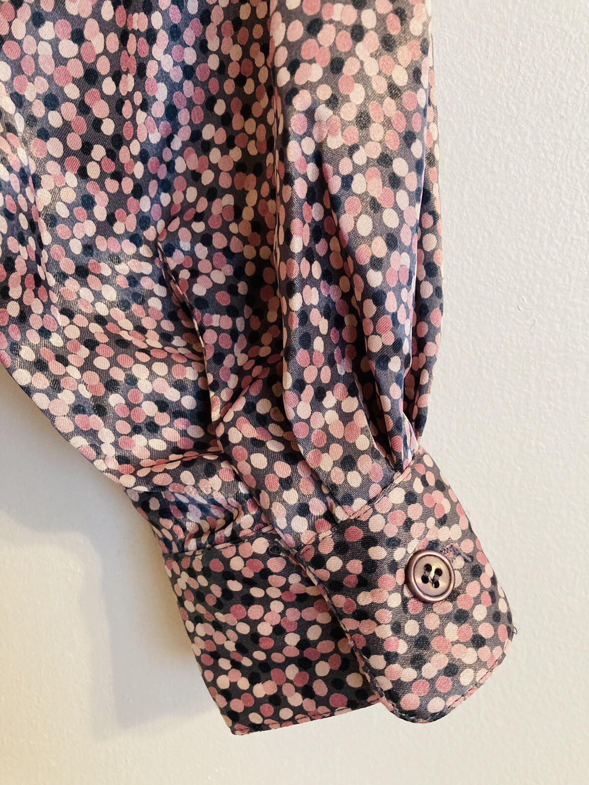 EVAN-PICONE Pullover Blouse Rear Button Gray Pink Polka Dots Long Sleeve 12 Vtg