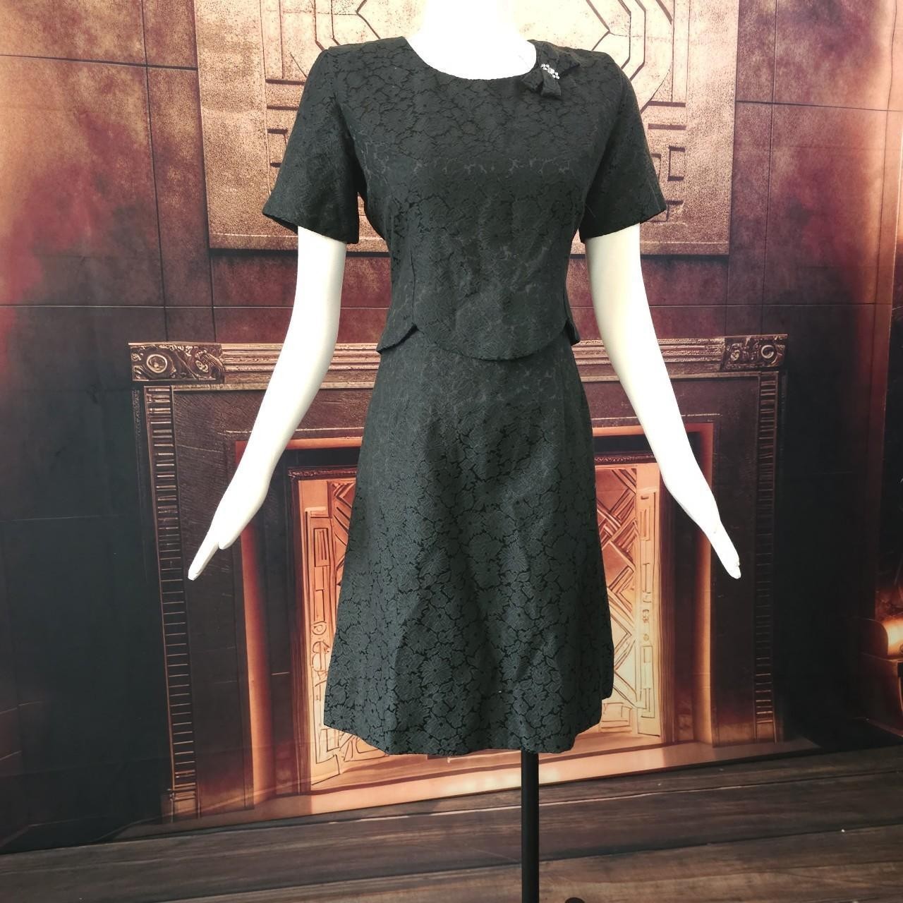 Black Berkshire Damask Layered Dress Gown Vintage 1960s Jacquard Bow Rhinestone