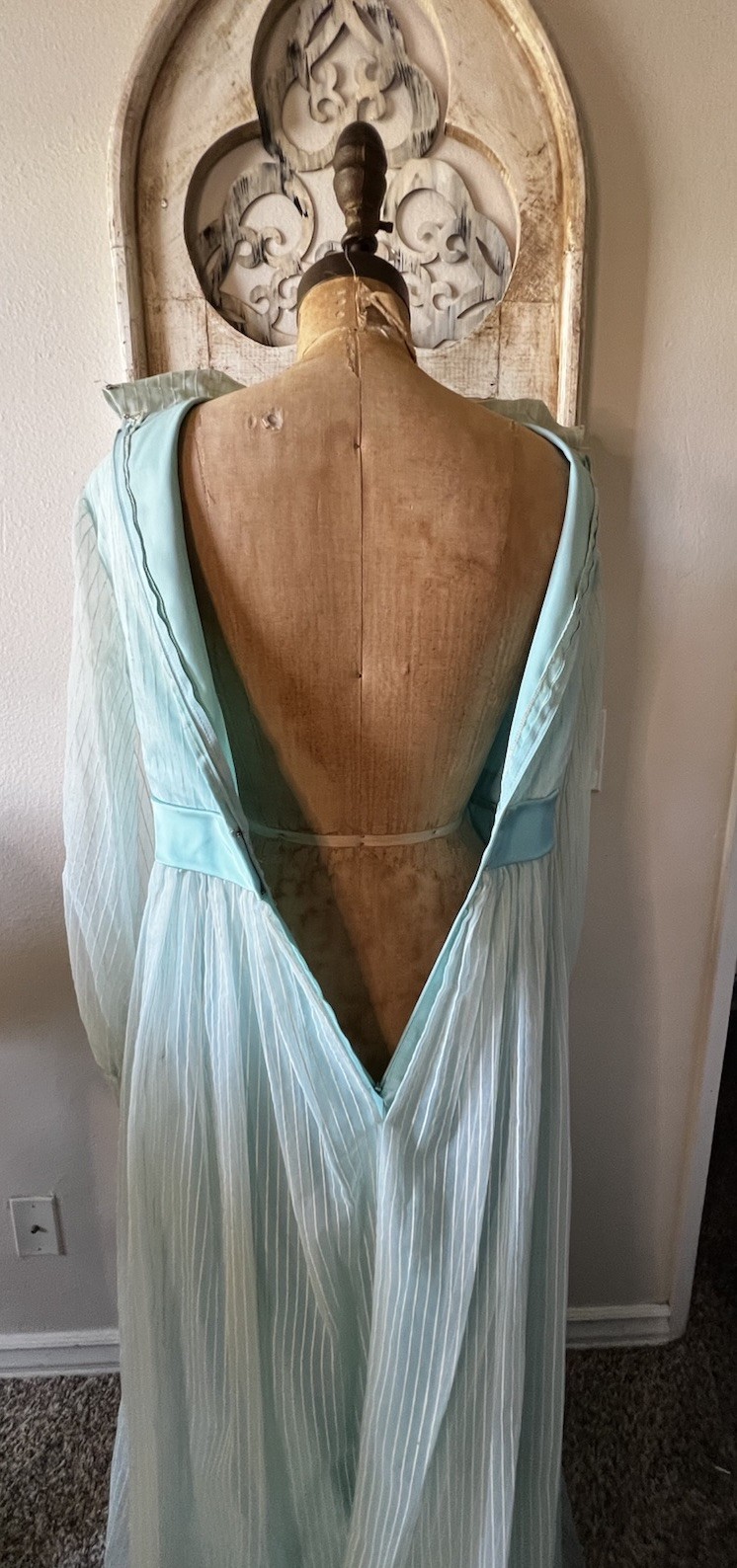 1960s-1970s Chiffon Maxi Dress Collared Long Sleeve Bow Front Handmade