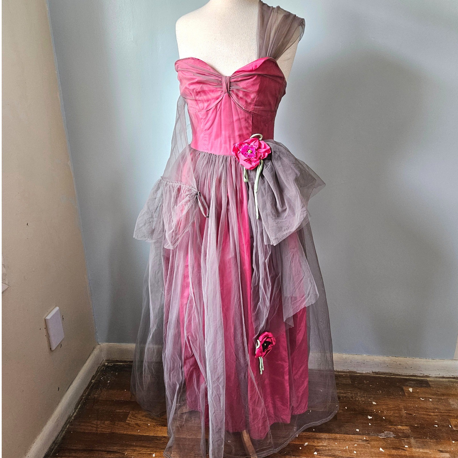 Vtg 1950s Custom Pink Taffeta Grey Tulle Ball Gown Floral One Shoulder Dress