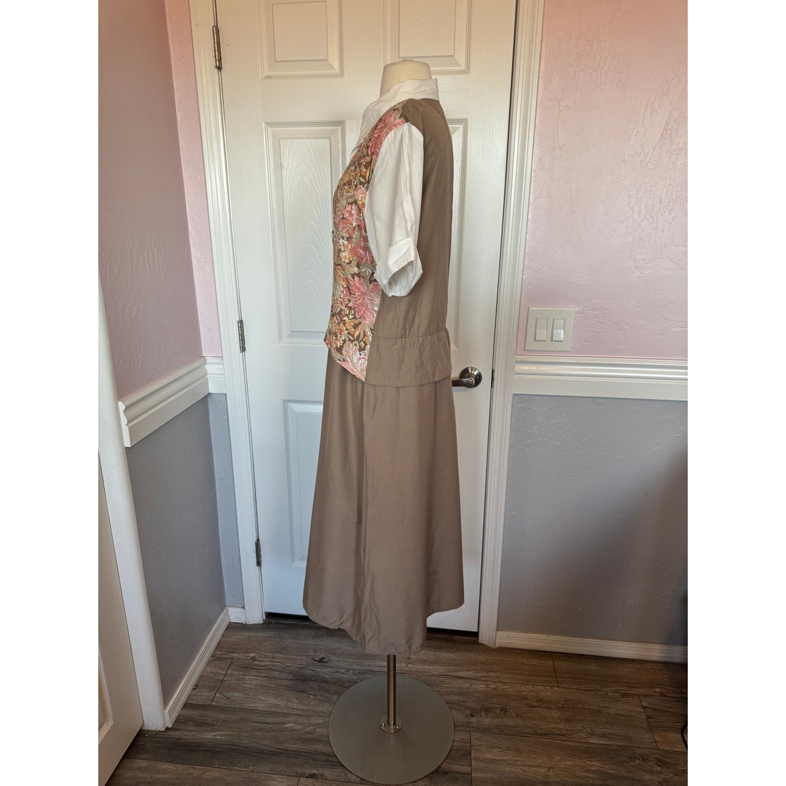 VTG Carole Little Floral Vest Layered Midi Dress Tan Pink 90s Cottagecore SZ 10