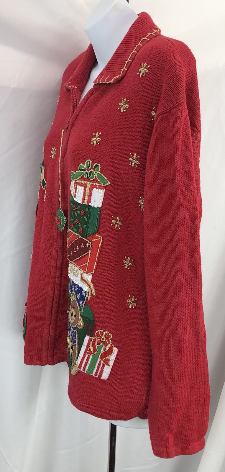 Vintage heirloom collectibles Cardigan sweater L zip front red Christmas holiday