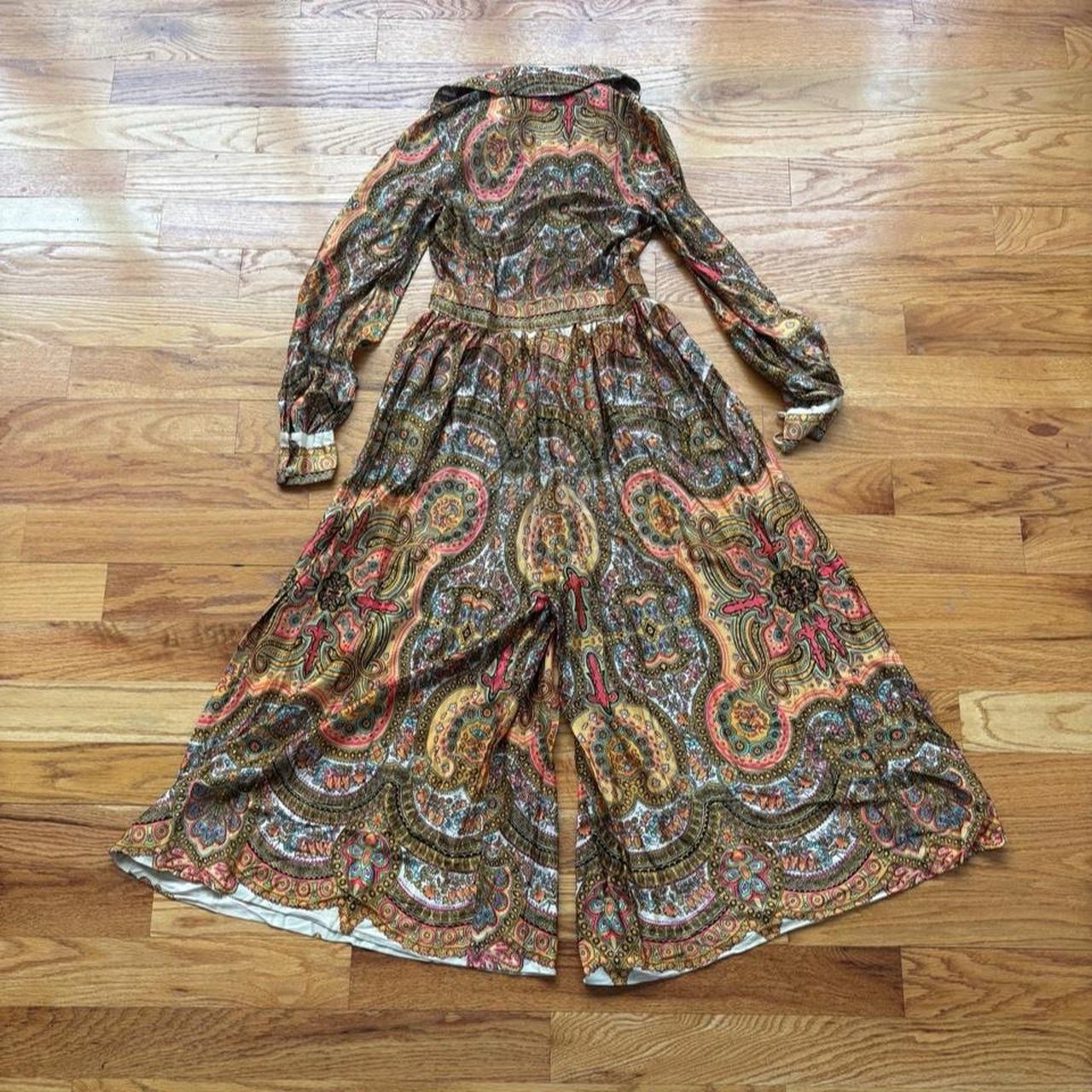 1970s Paisley Bell Bottom Jumpsuit Split Skirt Size S – Hippie Boho Retro 70s