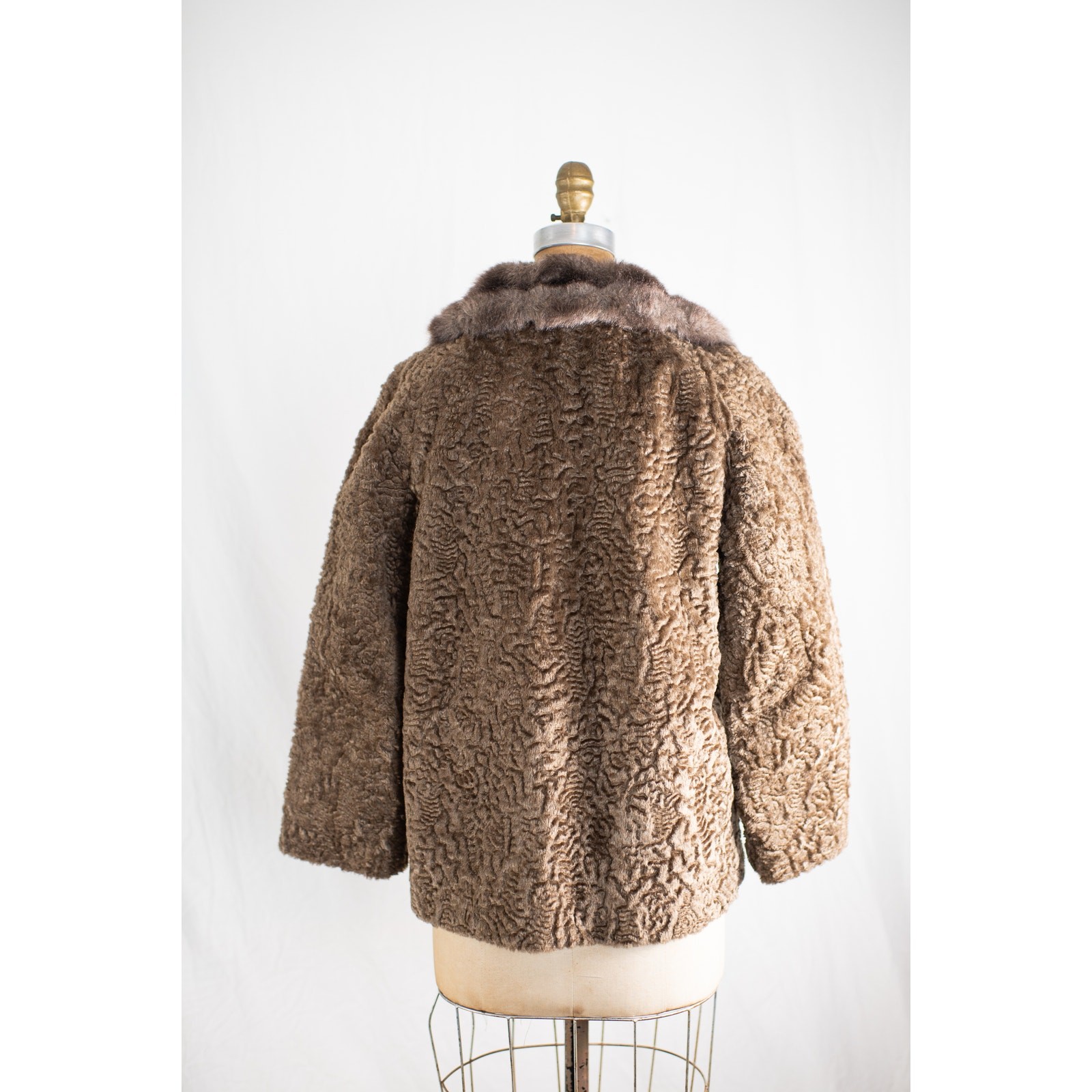 Vintage 1960s Brown Faux Curly Lamb Fur Swing Coat, Glam Old Money Jacket, S M