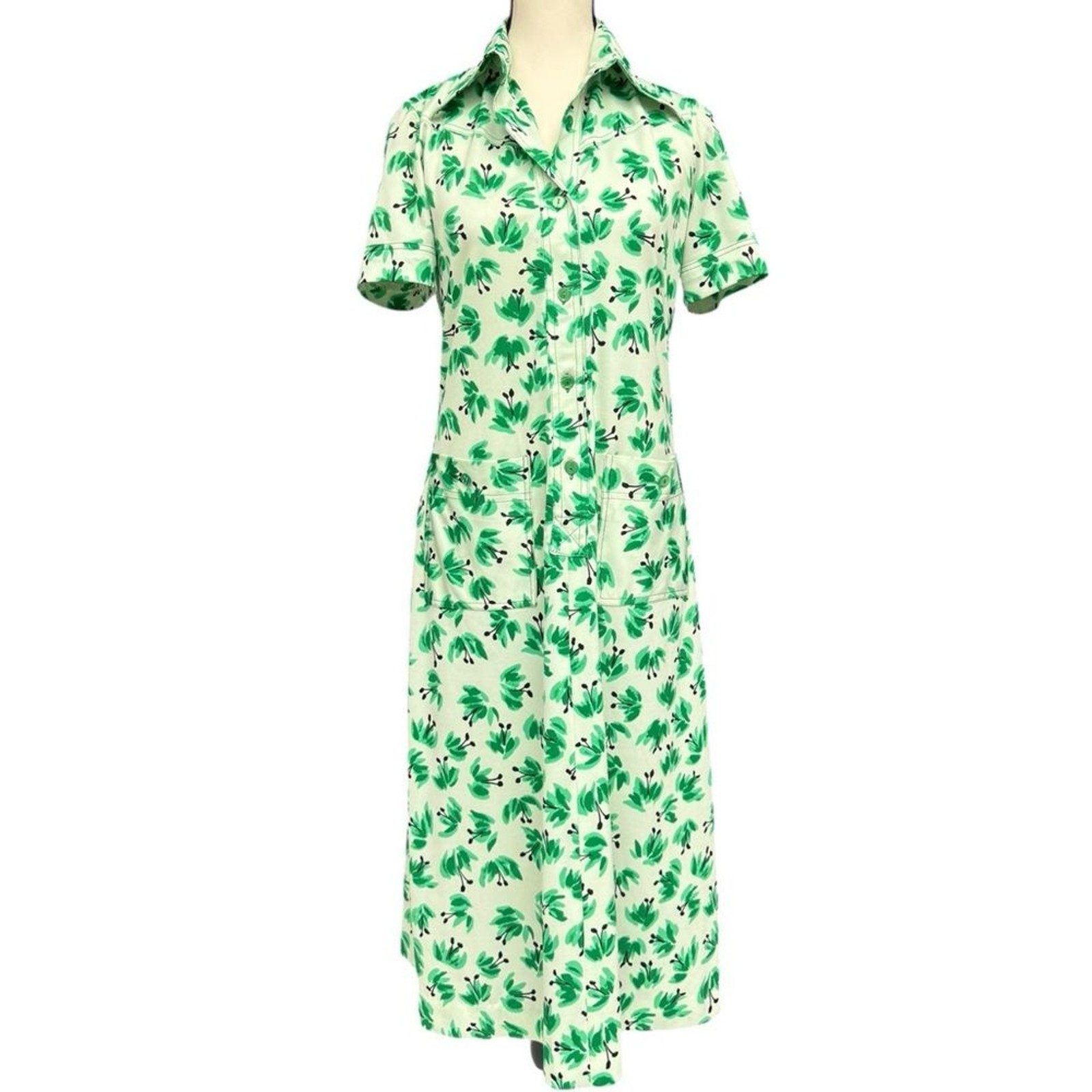 70s Mod Floral Mint Green Shirt Dress Medium Vintage Mid Length Dress Spring