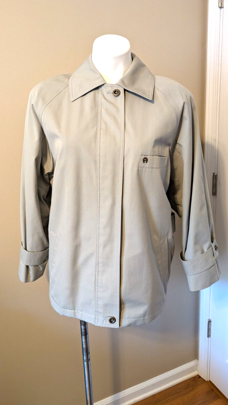 Vtg 80s ETIENNE AIGNER Wool Lined Sage Cotton Blend Zip Jacket Coat Size 6 Reg