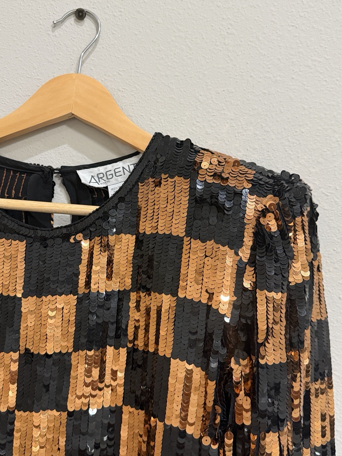 Vintage Silk Black Gold Copper Checkerboard Sequin Blouse Argenti Notte Medium