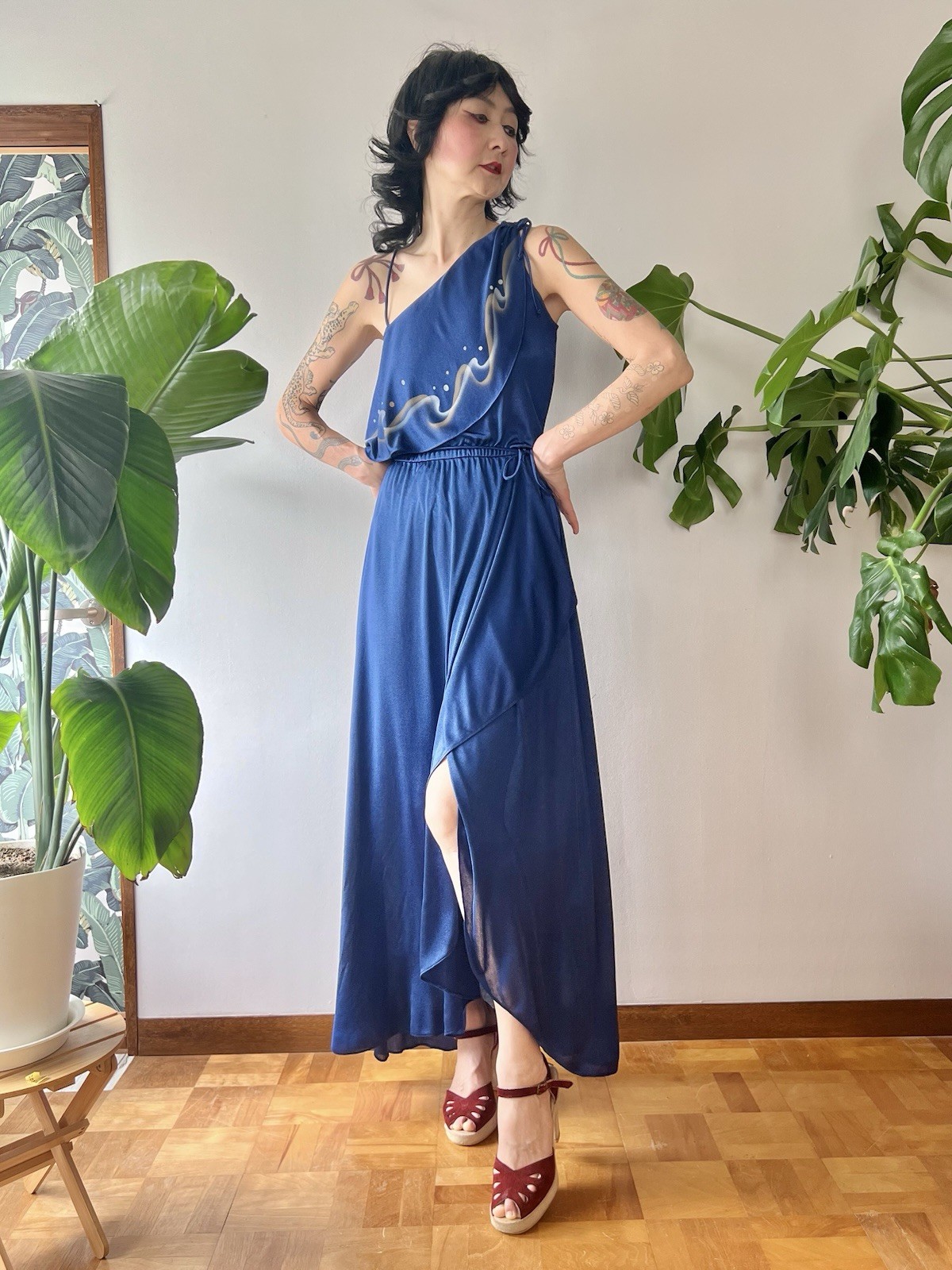 VTG 70s Disco Maxi Dress Airbrush Paint One Shoulder Gown S/M Studio 54 Dress