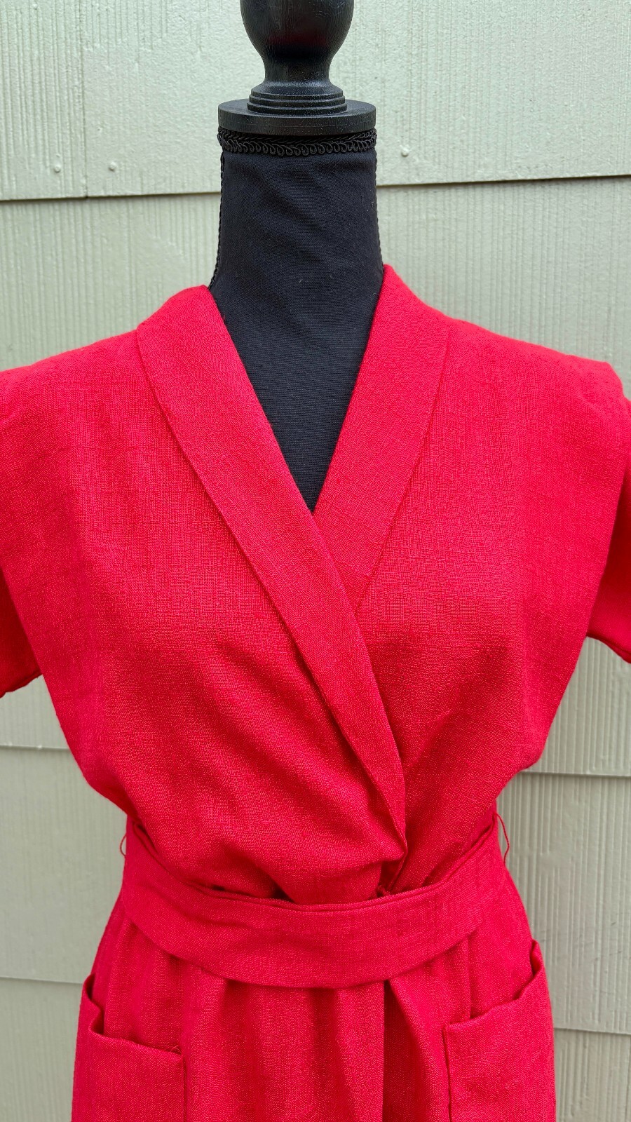vtg LISA PETITES 70s Disco Casual Red Woven Knit Linen Belted Wrap A-Line Dress
