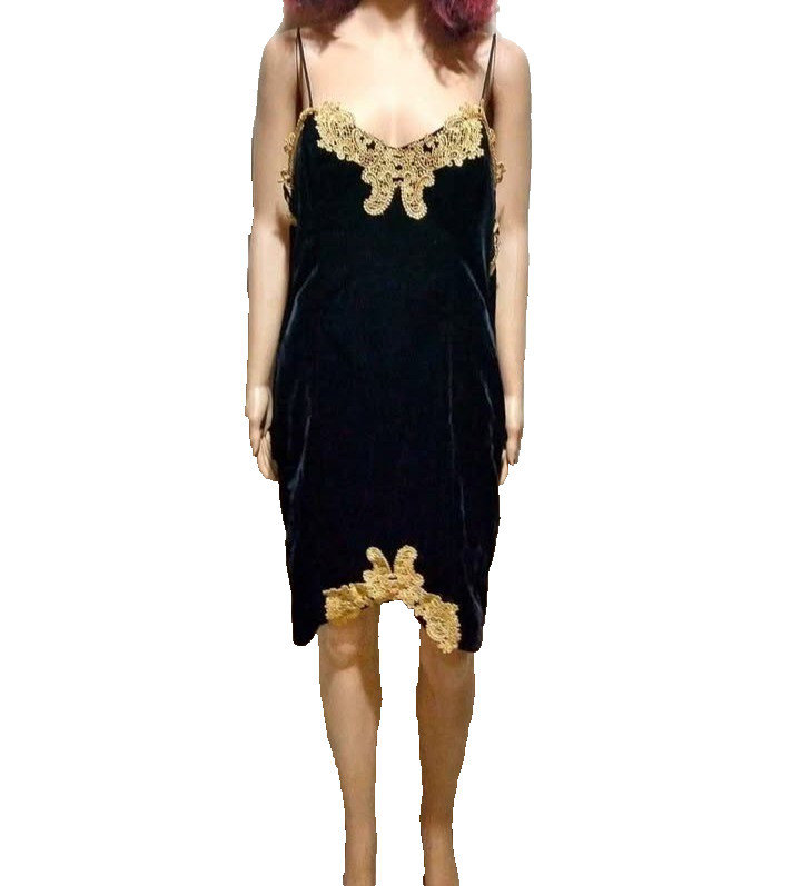 Vintage Fashion 1001 Nights Black Velvet Gold Lace Off Shoulder Dress USA Sz 13