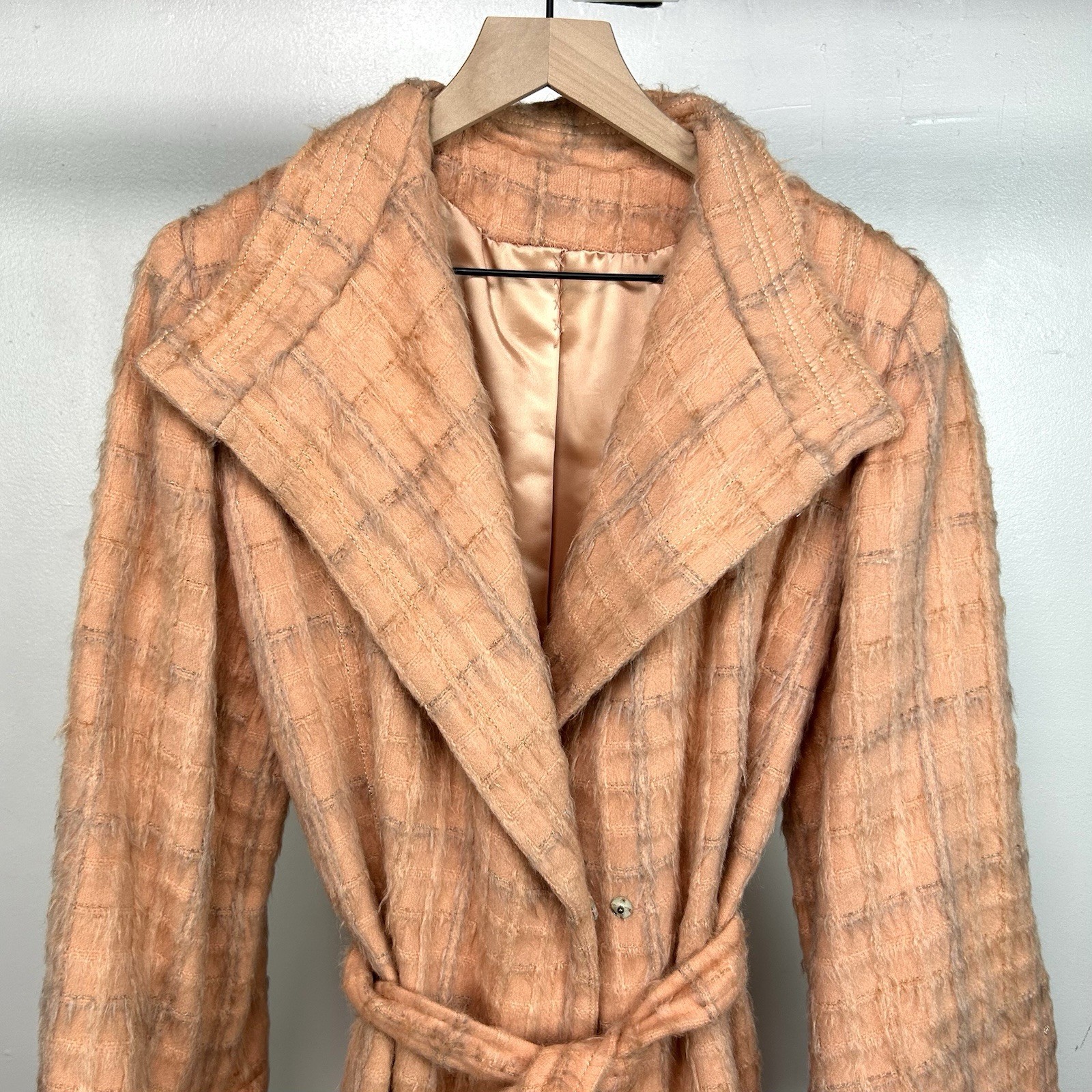 Vintage 60s 70s Pink Plaid Trench Coat Retro Mod Tartan Check Small Robe