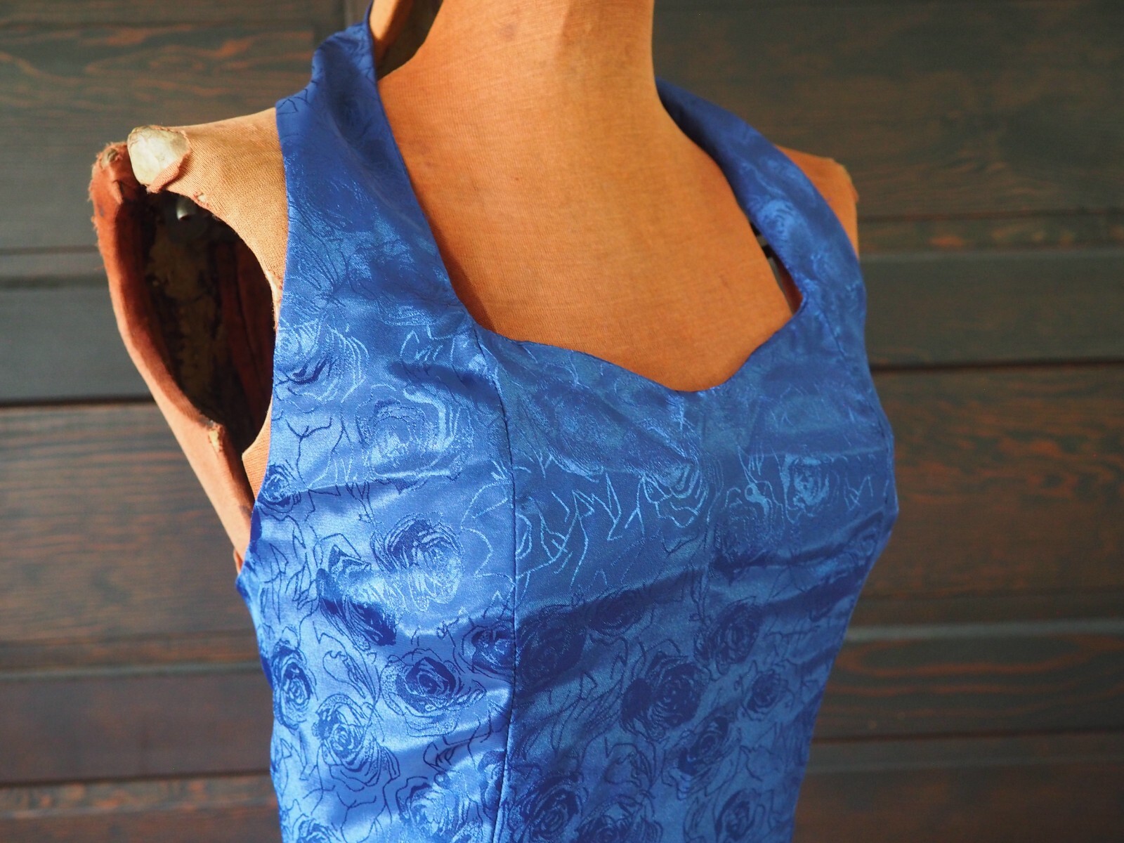 VTG 60s 70s Royal Blue Rose Sweetheart Halter Cocktail Party Formal Dress Sz S