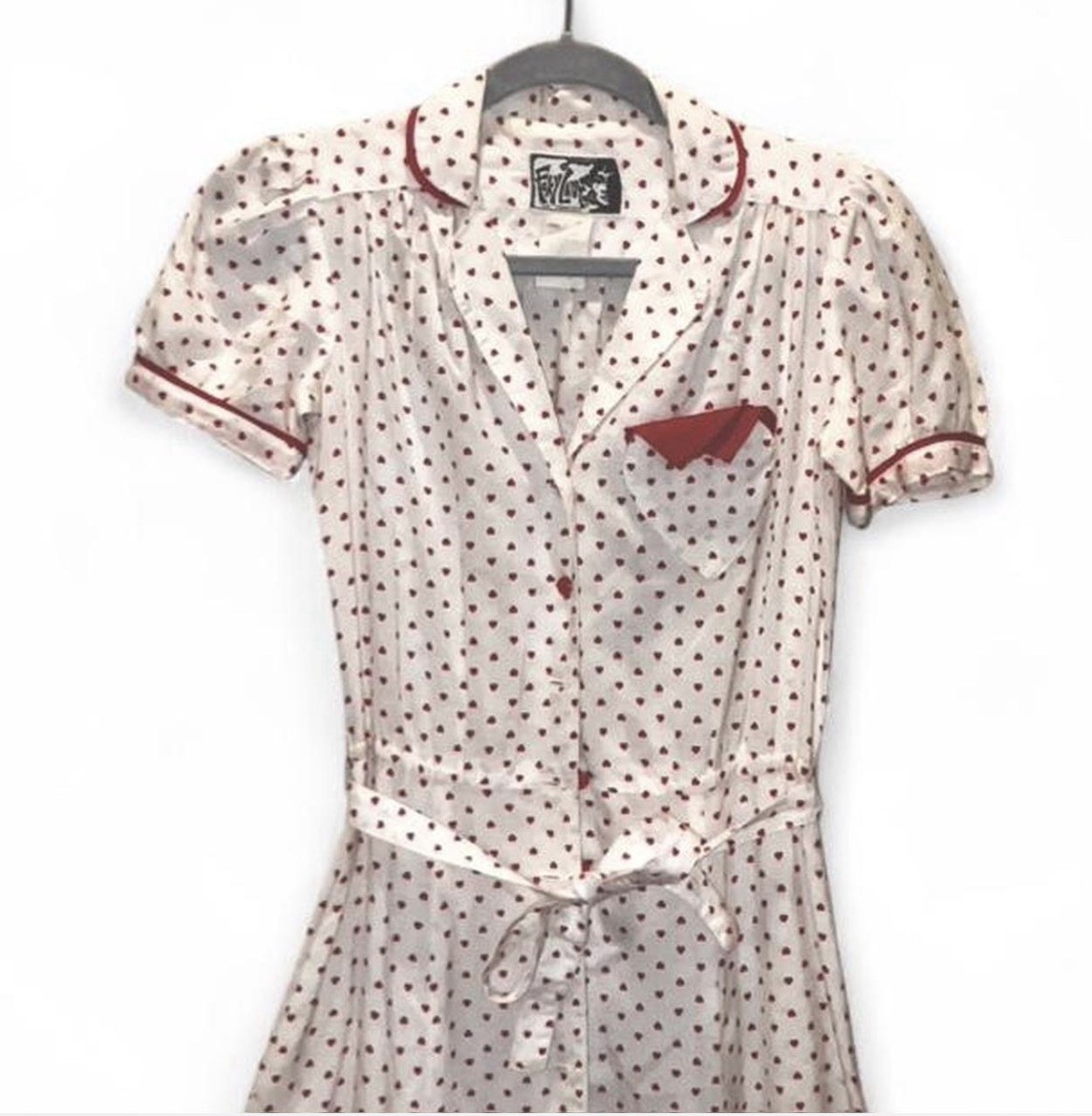 Foxy Lady SF Vintage 50s-Inspired Heart Polkadot Dress W/ Sash 70s Era Sz 3/4