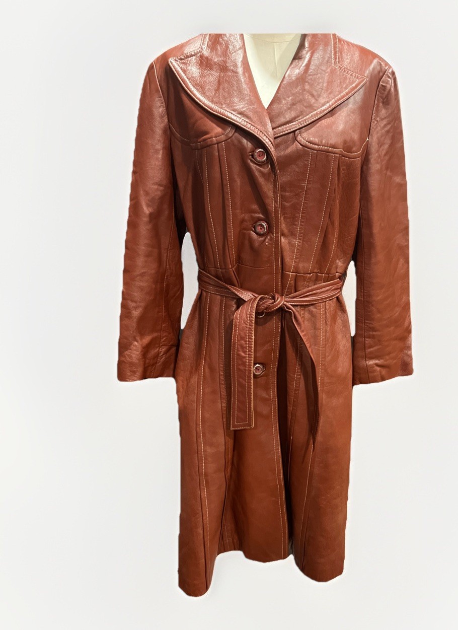 Woman’s Leather Coat Cognac Boho Mod Groovy Disco 70s Style Glam See Measurement