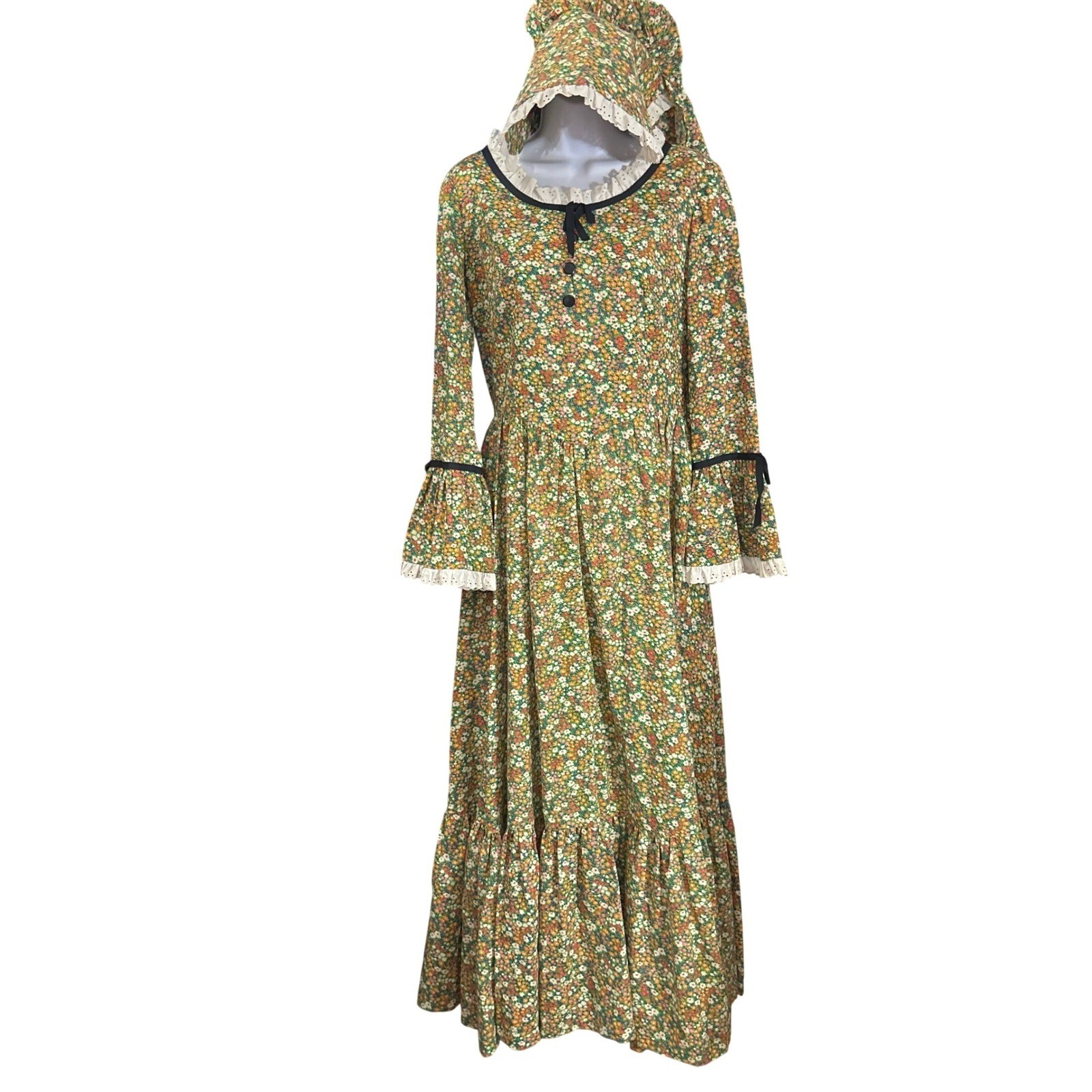 70s Unbranded Prairie Maxi Dress Cottagecore Boho Victorian Floral Bonnet