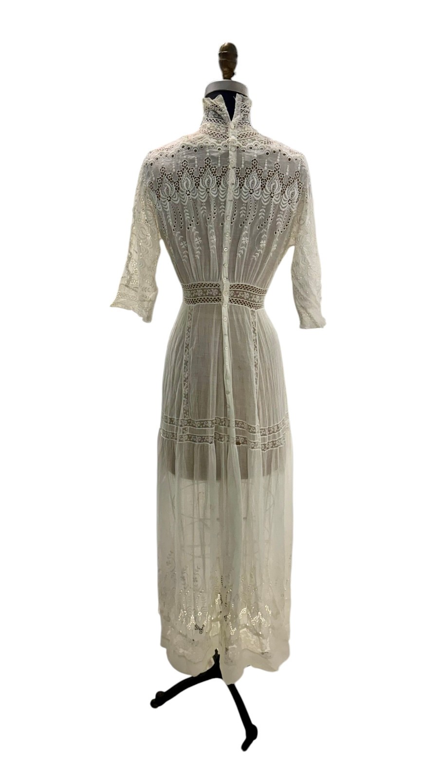 Antique Edwardian White Cotton Eyelet Lace Lawn Dress Small