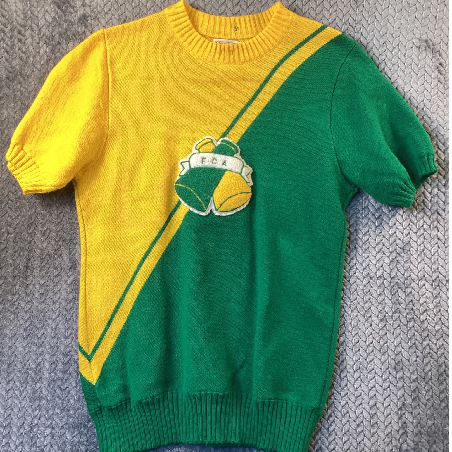 Vintage Cheerleader Supply Co 70’s Green Yellow Colorblock Knit Sweater FCA 42