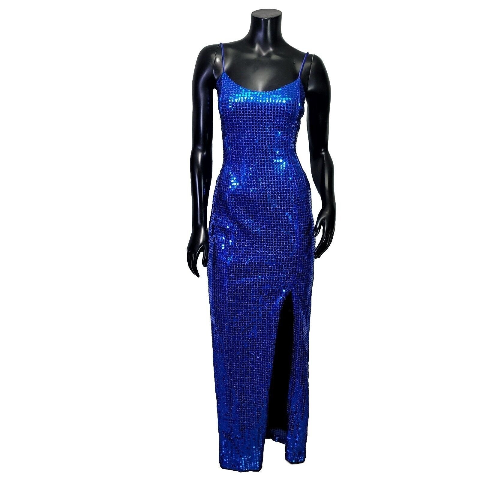 Vintage 90s L.A. Glo Blue Sequin Bodycon Maxi Dress Slit Evening Prom Sz 5/6 USA