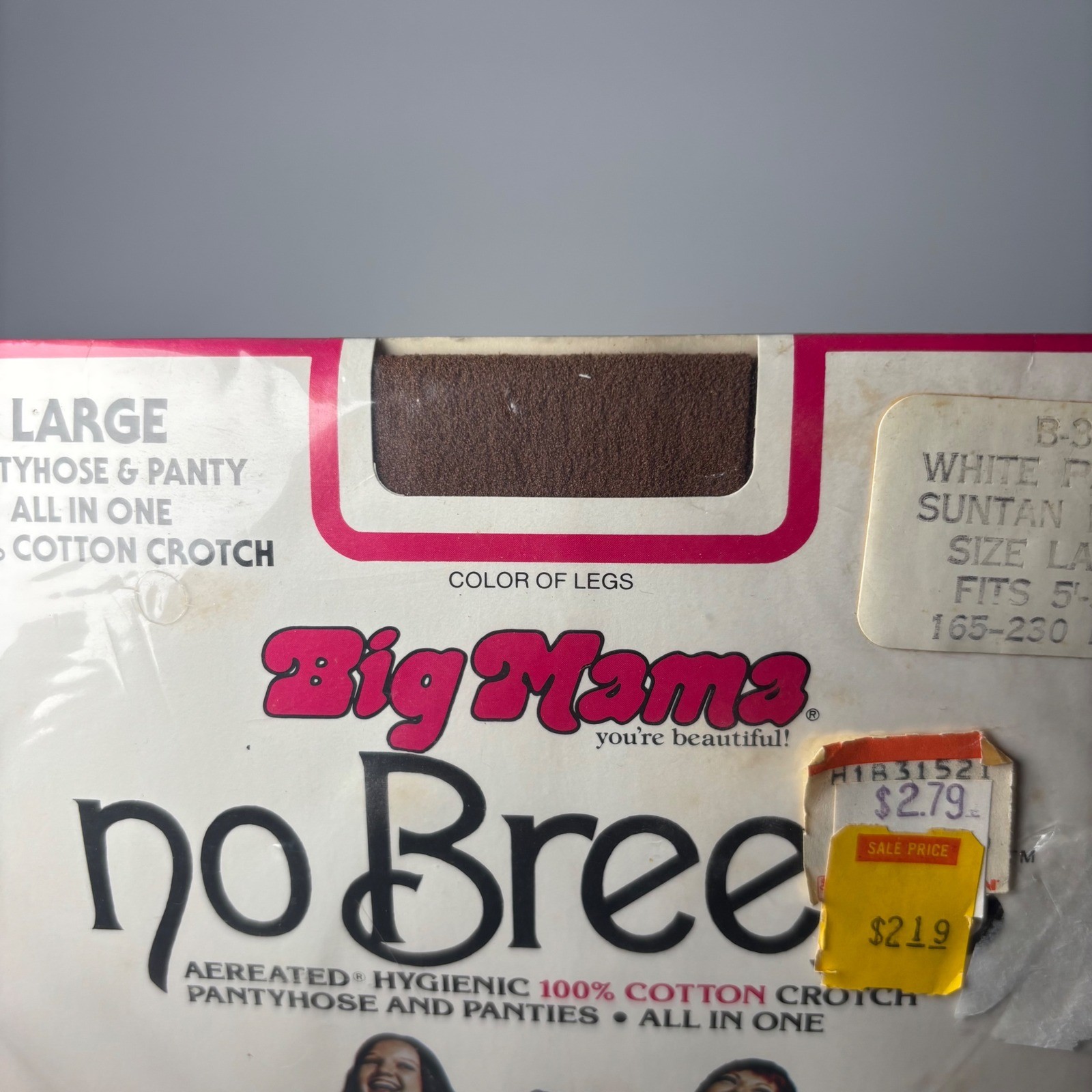 Vintage 1978 Big Mama No Breefs Pantyhose White Panty Suntan Legs Large NOS
