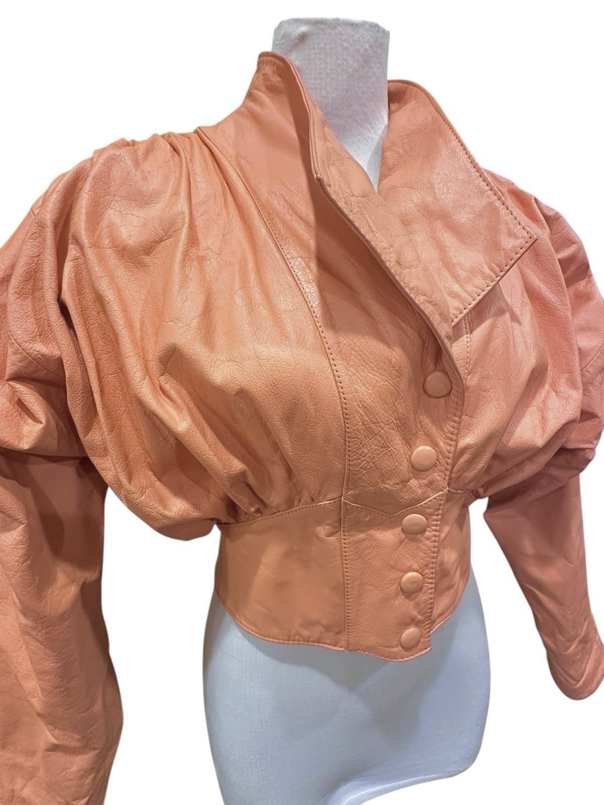 Vintage 1980s Chia Peach Ruched Crop Creamy Matte Leather Jacket Sz S