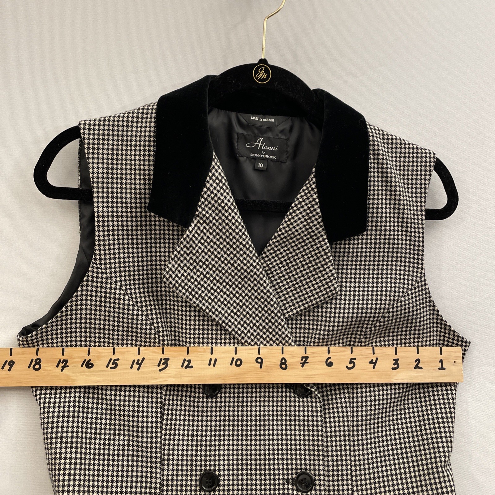 Vtg Alanni by Donnybrook Vest Dbl Breasted Wool Houndstooth Black Velvet Collar