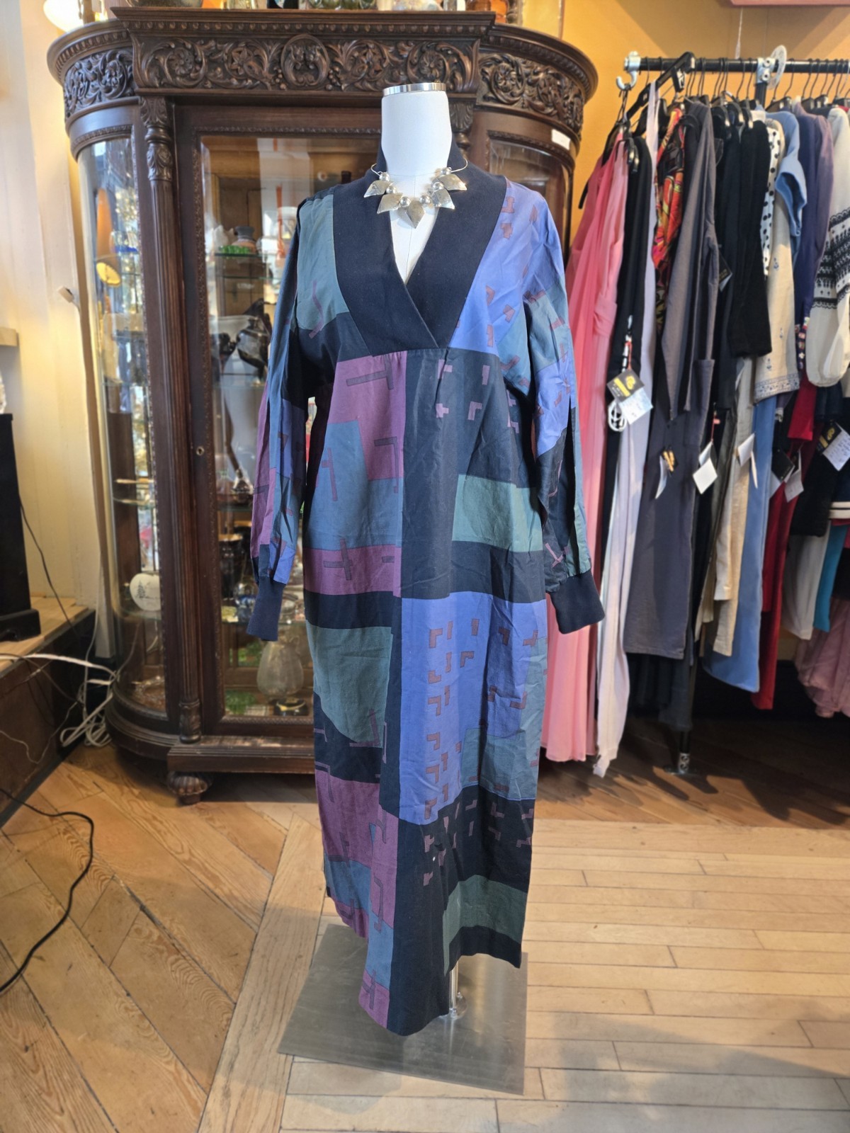 Vrg 1980s MARIMEKKO Purple Black Blue Cotton Geometric Long Sleeve Kaftan Dress