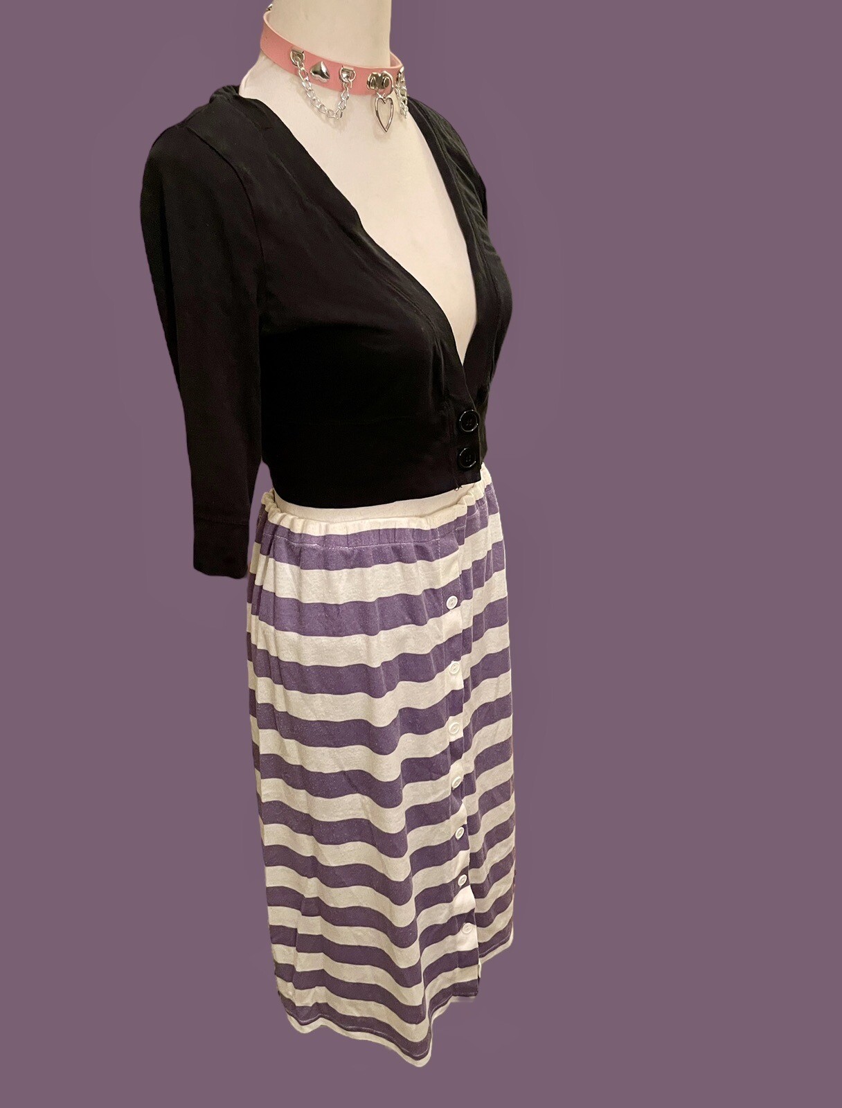 Vintage Skirt Midi 80s Low Waist Striped Cotton Jersey Indie Soft Girl Gen Z M