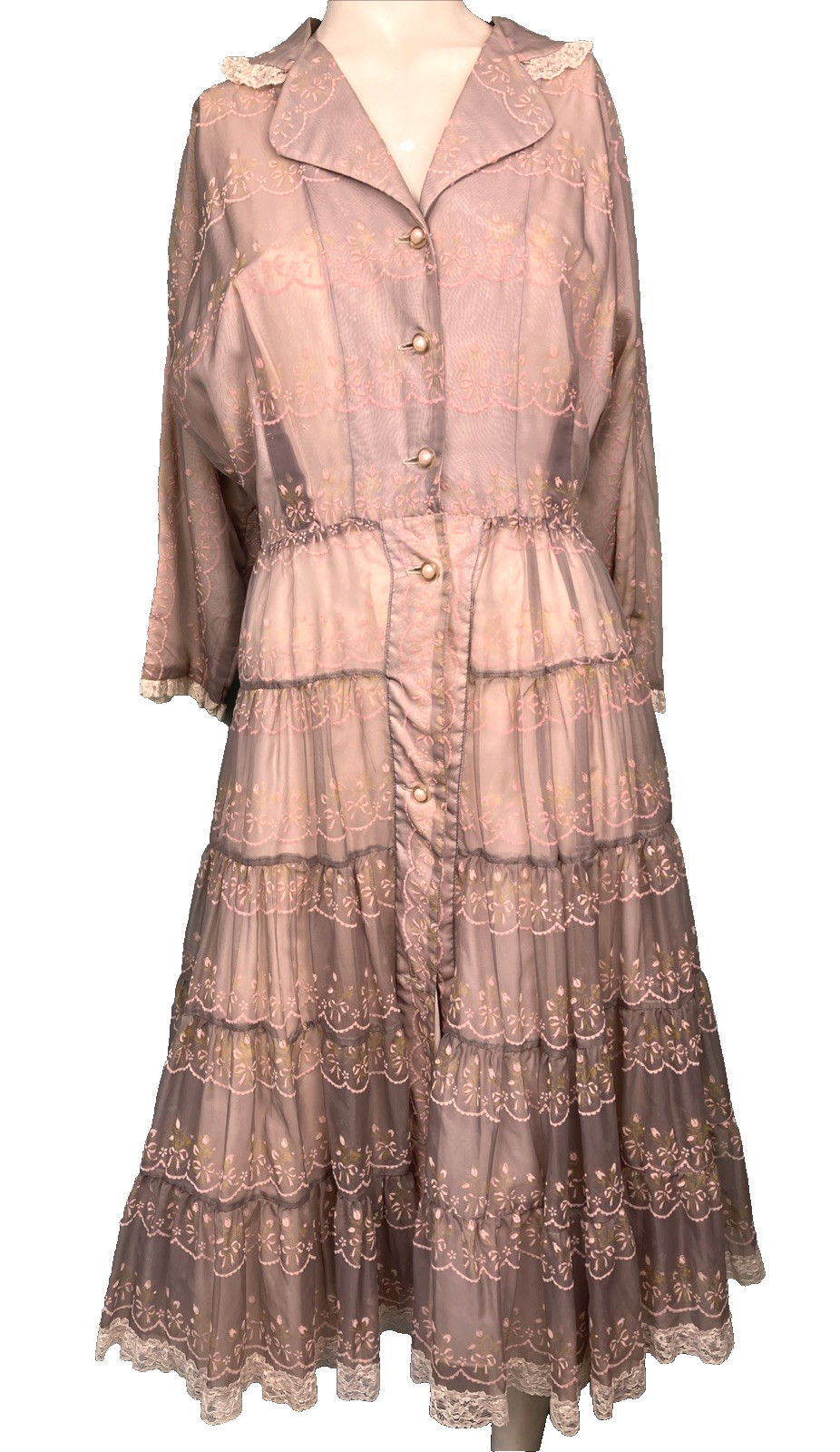 M L 50s UNIQUE Flocked Nylon Overlay Boudoir Hostess Shirt Dress Novelty Floral